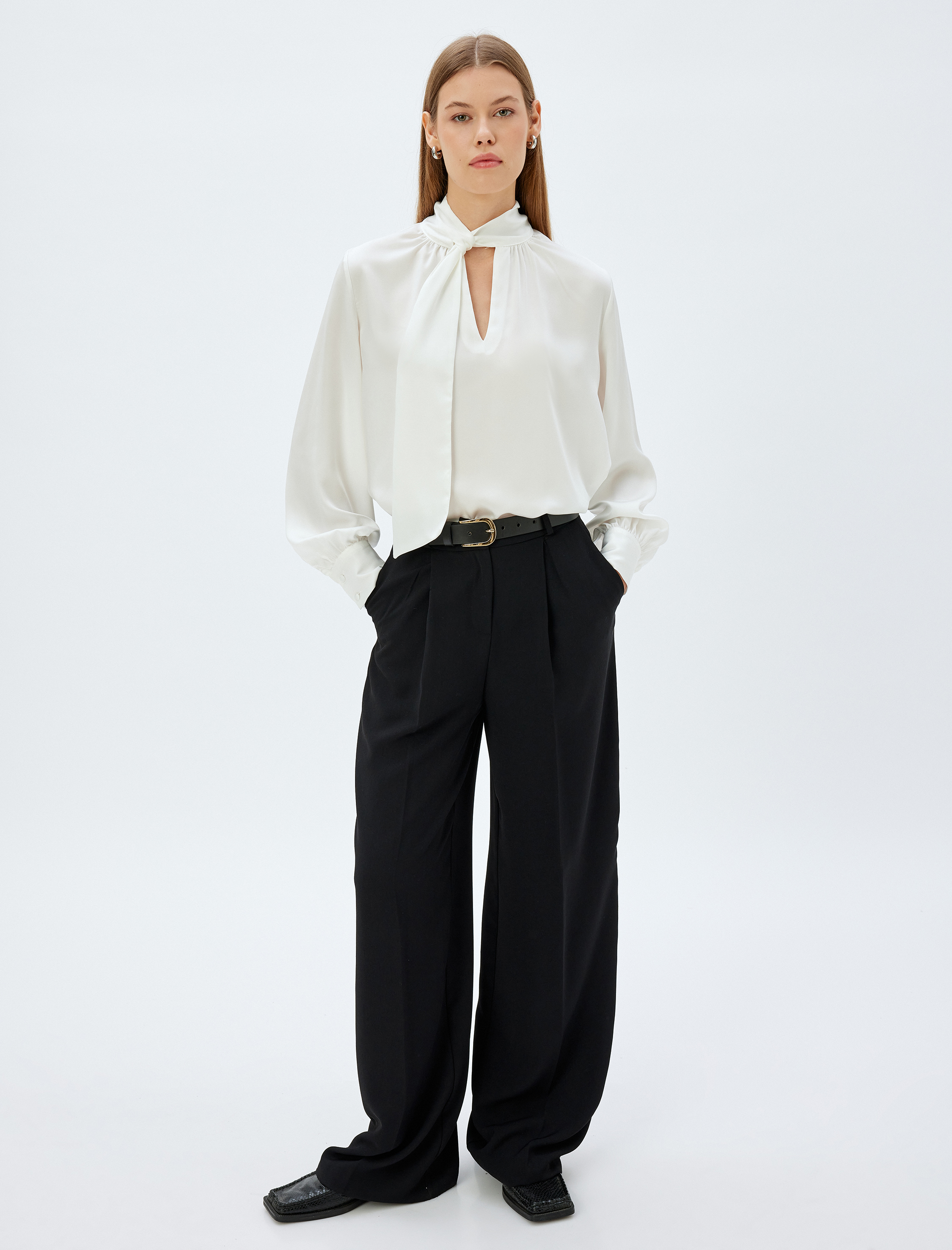   Dik Şal Yaka Saten Bluz Uzun Kollu