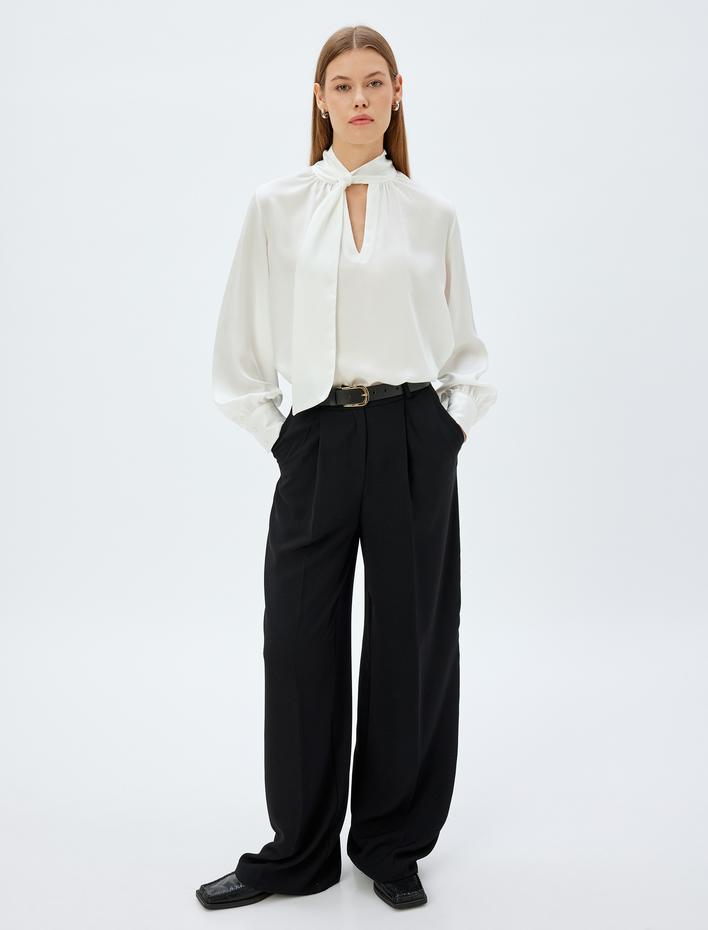  Dik Şal Yaka Saten Bluz Uzun Kollu