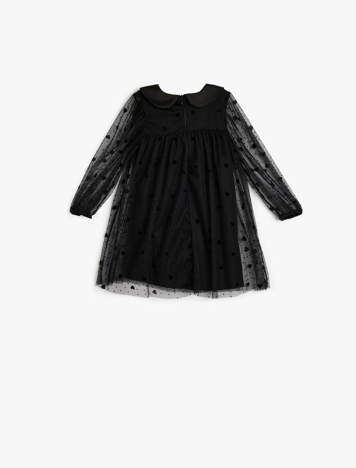 Kız Bebek Kalp Desenli Bebe Yaka Uzun Kollu Tüllü Elbise