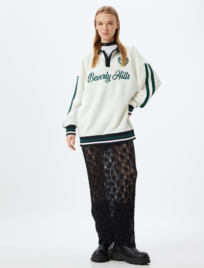  Polo Yaka Sweatshirt Oversize Kolej İşlemeli Şerit Detaylı Düğmeli Şardonlu