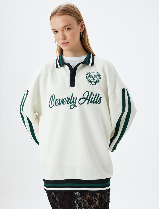 Polo Yaka Sweatshirt Oversize Kolej İşlemeli Şerit Detaylı Düğmeli Şardonlu_2