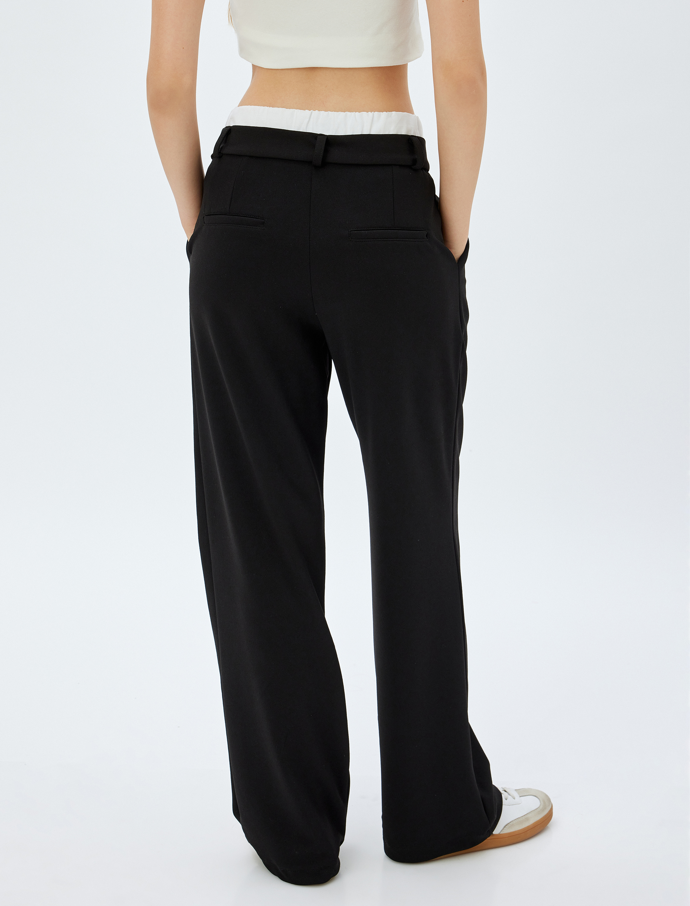   Bol Paça Pantolon Çift Bel Detaylı Cepli Krep Scuba Kumaş