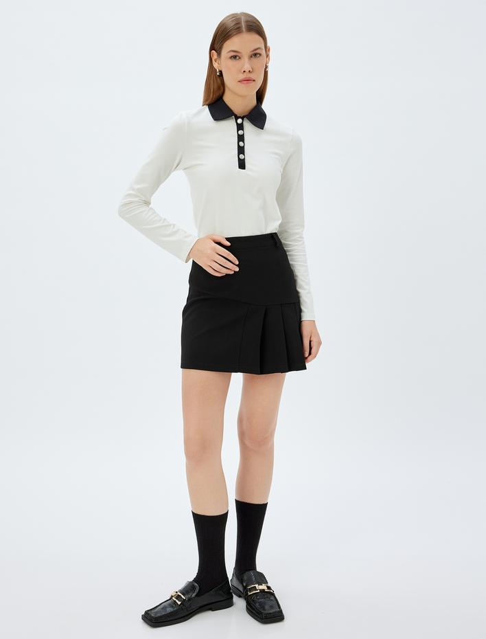  Polo Yaka Tişört Renk Kontrastlı Düğmeli Uzun Kollu Pamuklu Slim Fit