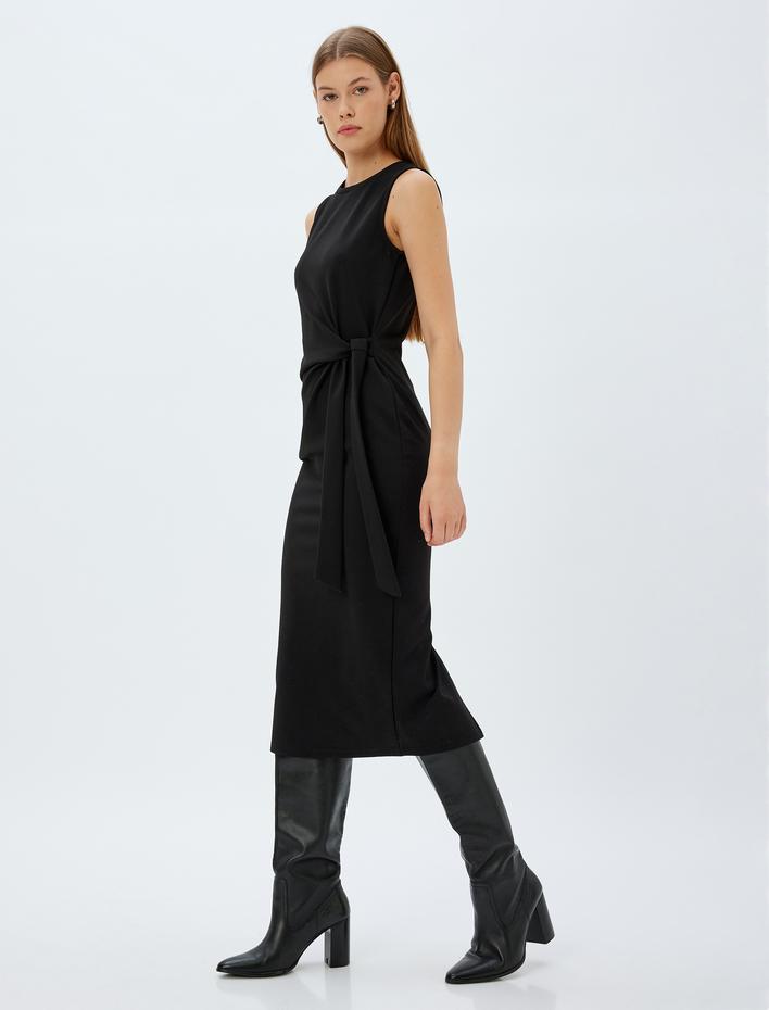  Kolsuz Midi Boy Elbise Yuvarlak Yaka Bağlama Detaylı Slim Fit