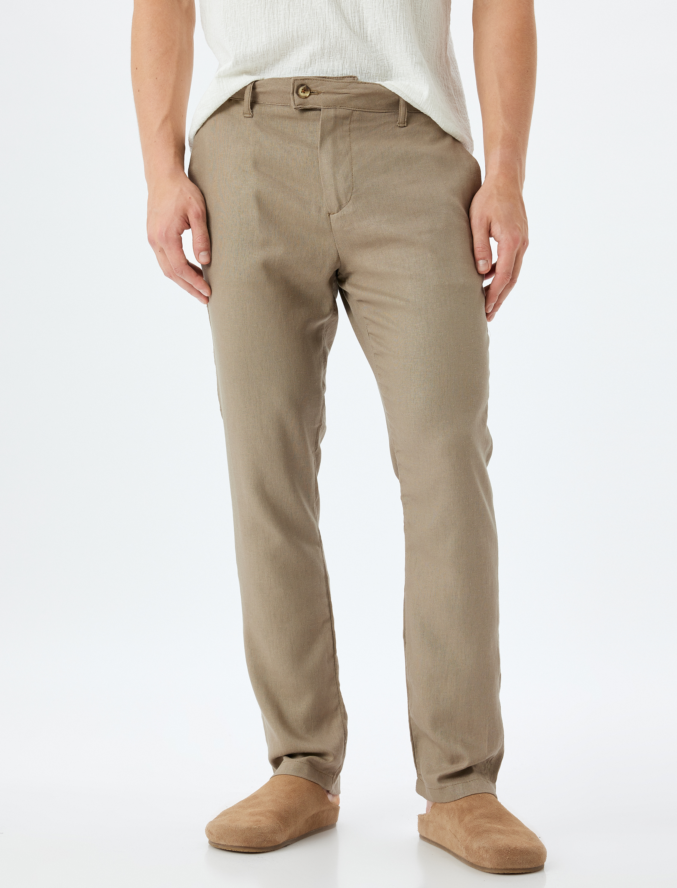 Viskon Keten Karışımlı Pantolon Chino Cep Detaylı Düğmeli