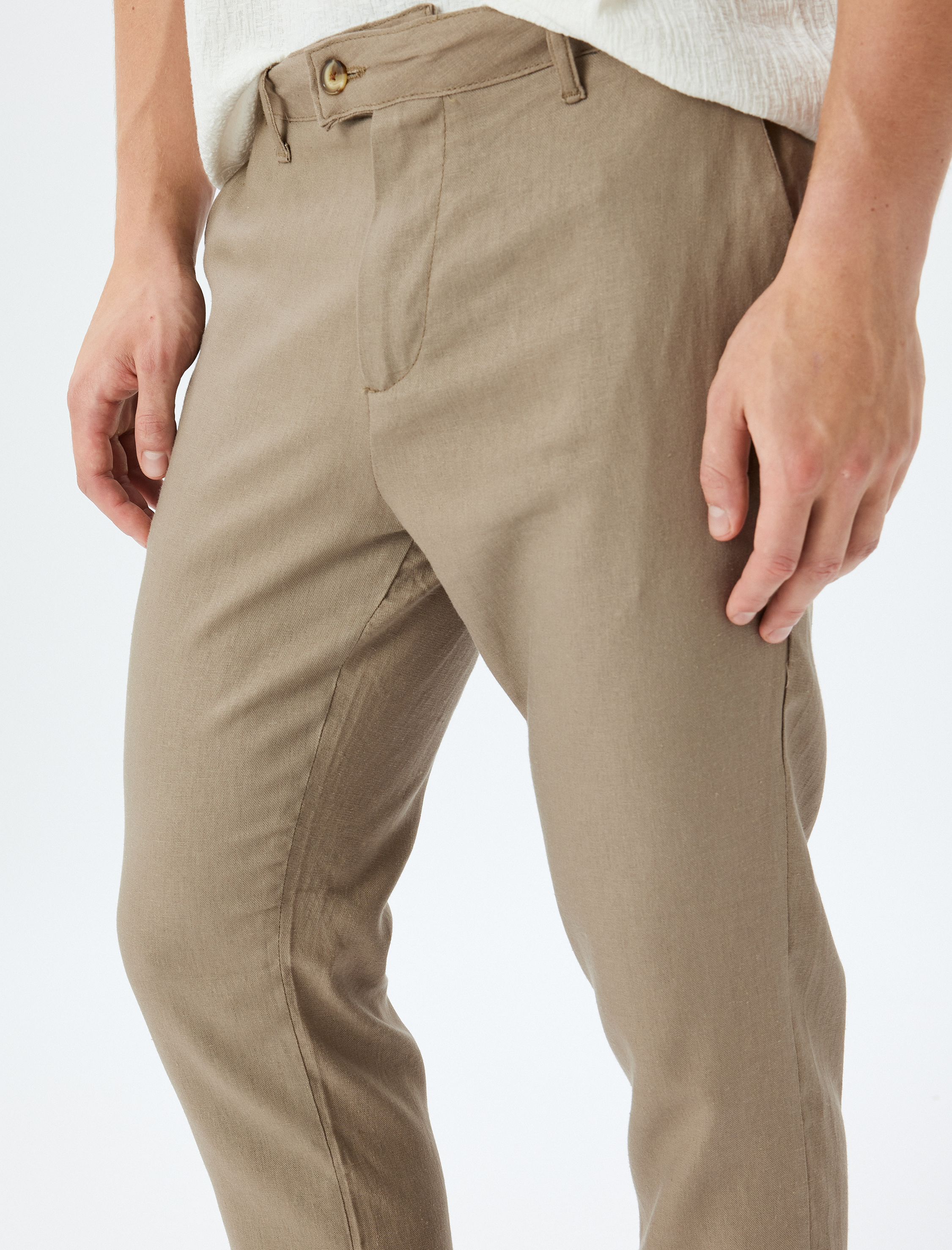 Viskon Keten Karışımlı Pantolon Chino Cep Detaylı Düğmeli