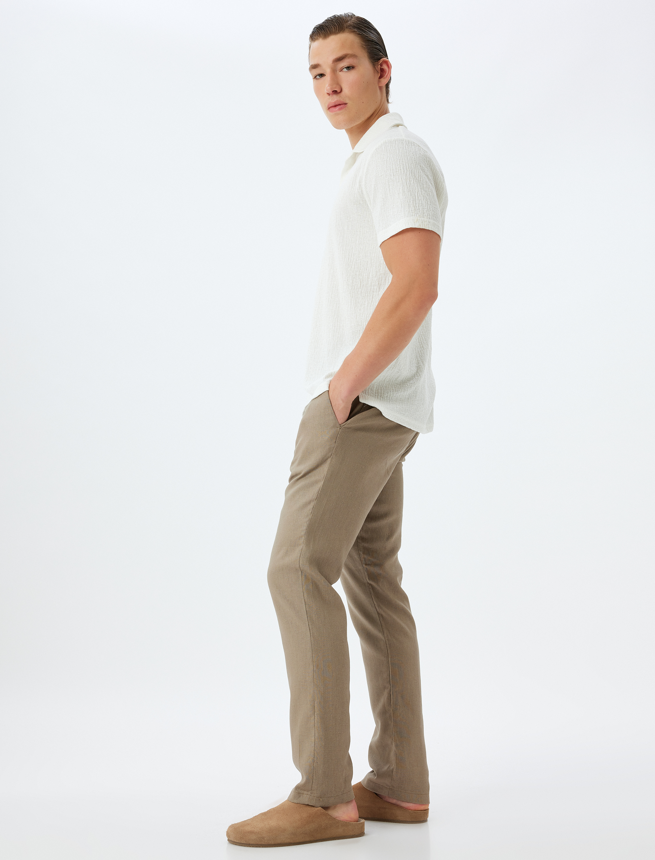 Viskon Keten Karışımlı Pantolon Chino Cep Detaylı Düğmeli