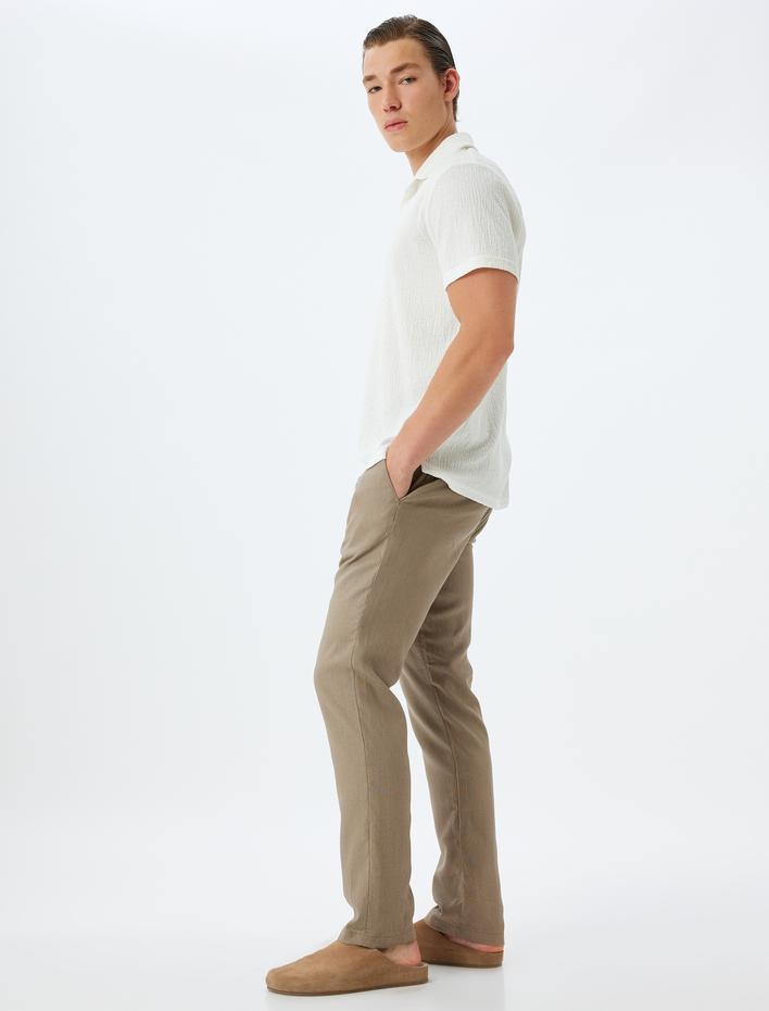  Viskon Keten Karışımlı Pantolon Chino Cep Detaylı Düğmeli