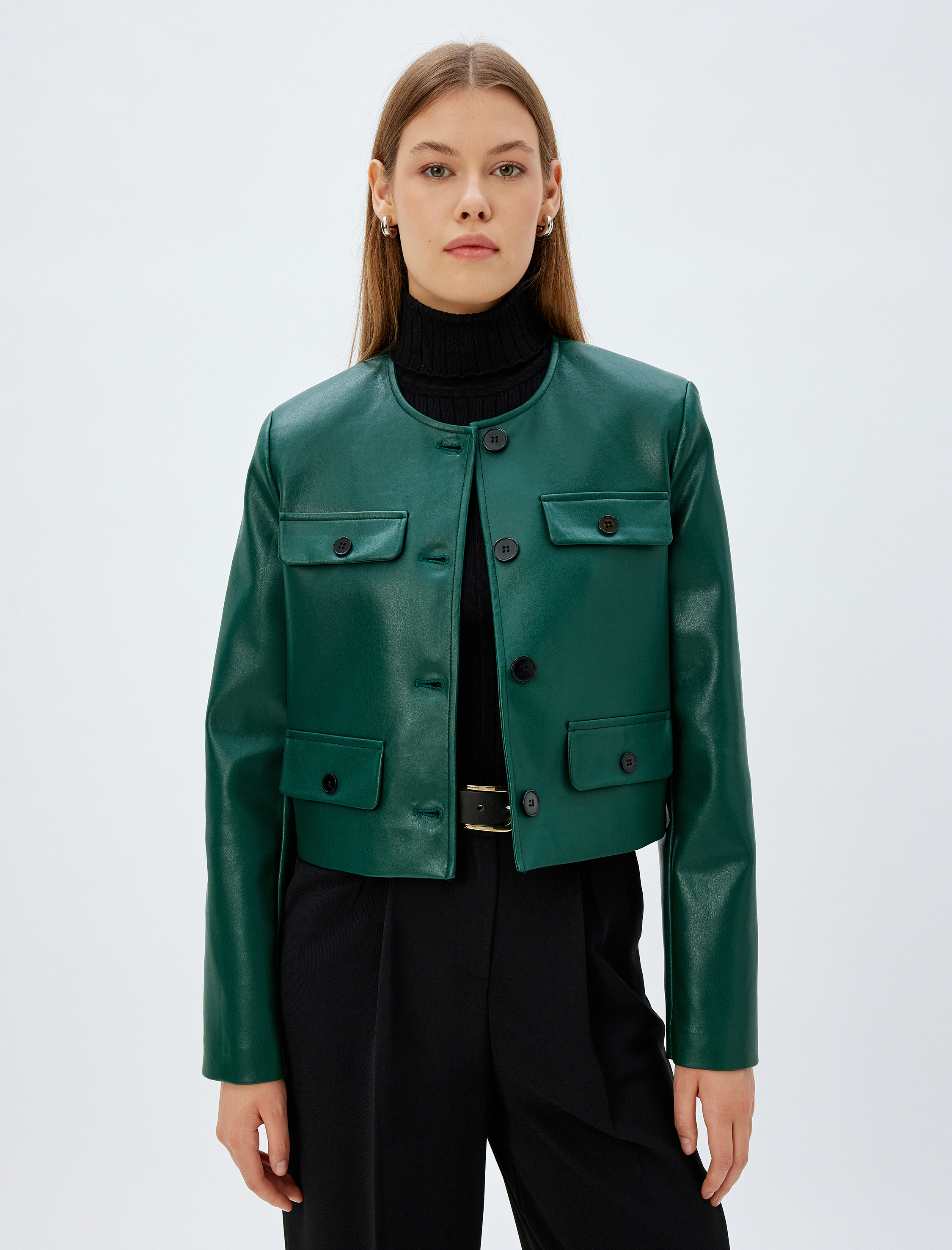   Suni Deri Ceket Yuvarlak Yaka Kapaklı Cep Detaylı