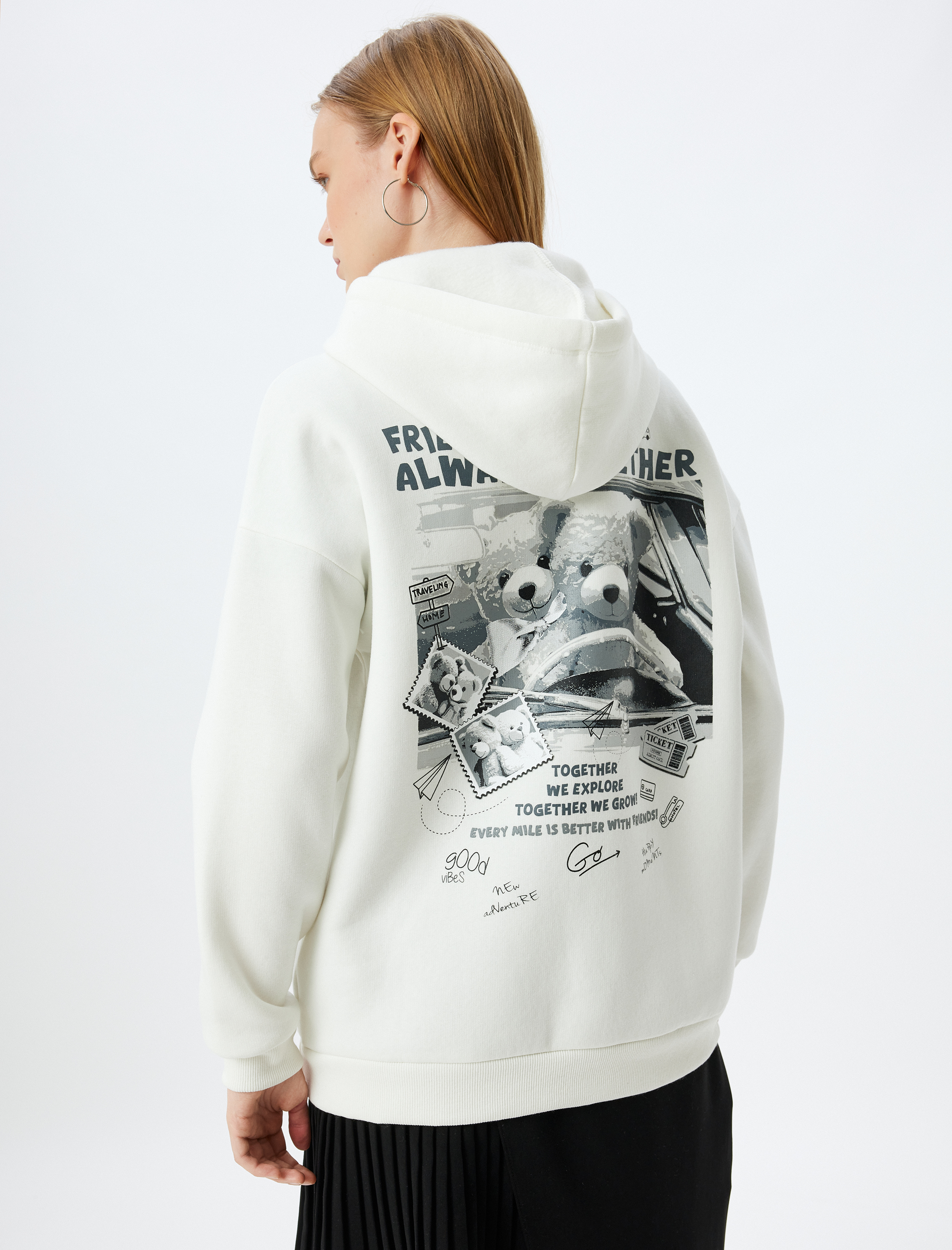   Arkası Baskılı Kapüşonlu Sweatshirt Oversize Şardonlu