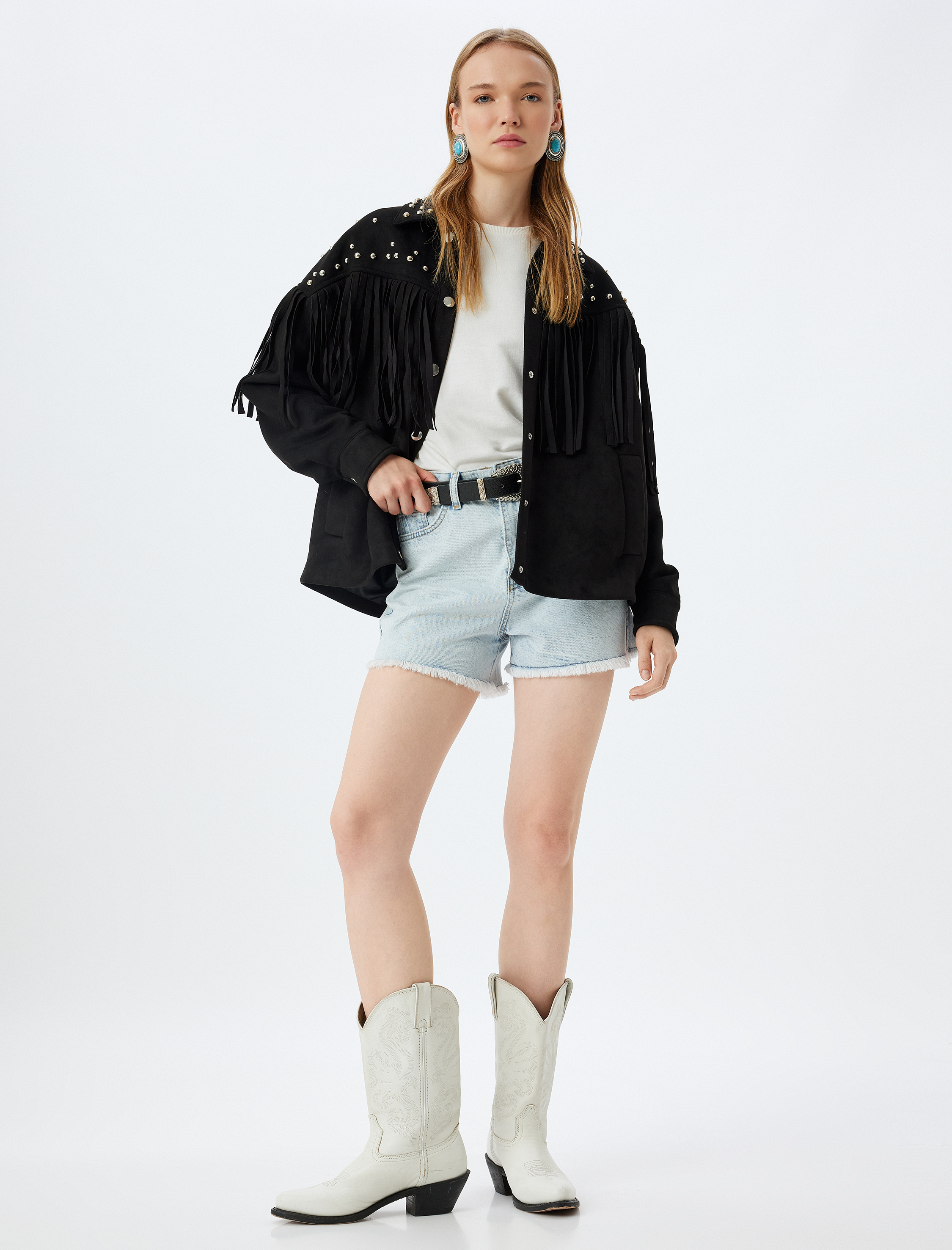 Süet Görünümlü Ceket Oversize Metal Aksesuarlı Püsküllü Çıtçıt Düğmeli Cepli