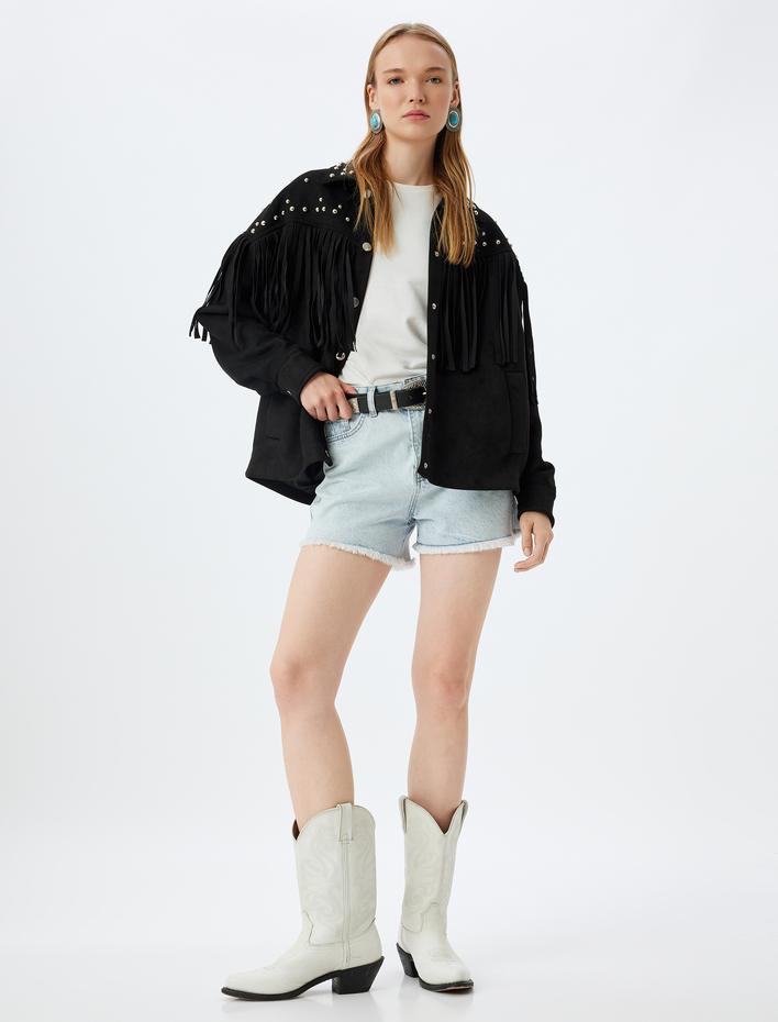  Süet Görünümlü Ceket Oversize Metal Aksesuarlı Püsküllü Çıtçıt Düğmeli Cepli