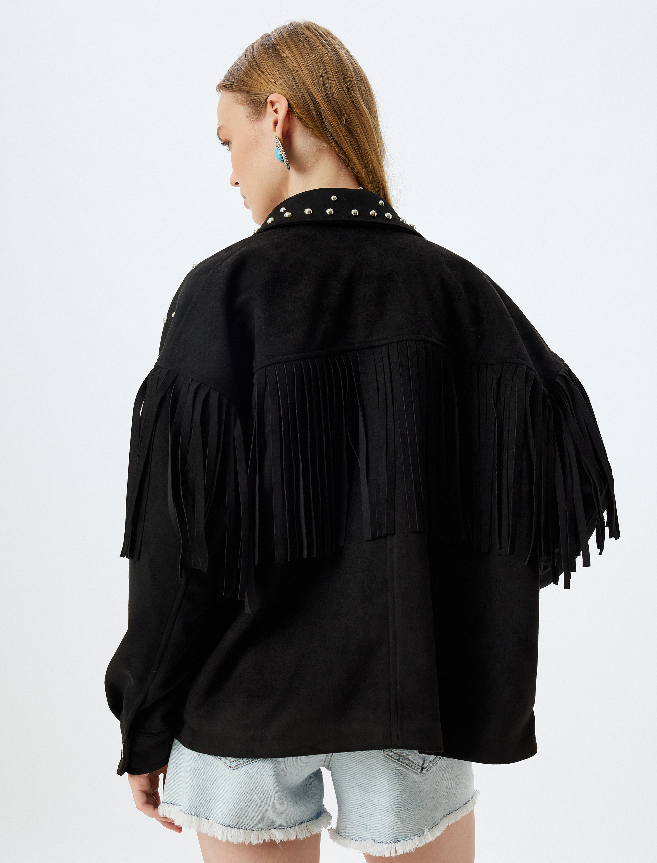 Süet Görünümlü Ceket Oversize Metal Aksesuarlı Püsküllü Çıtçıt Düğmeli Cepli