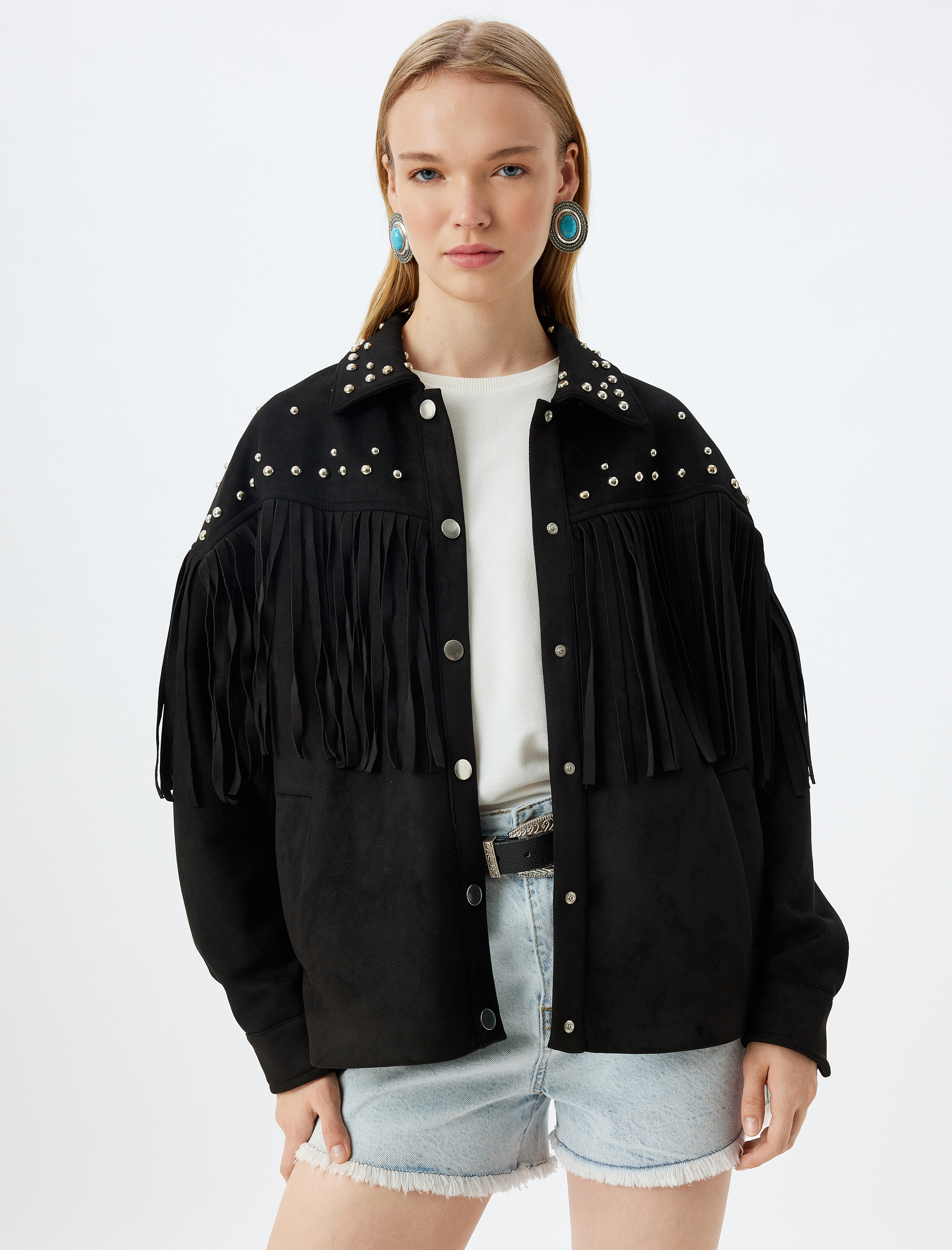 Süet Görünümlü Ceket Oversize Metal Aksesuarlı Püsküllü Çıtçıt Düğmeli Cepli