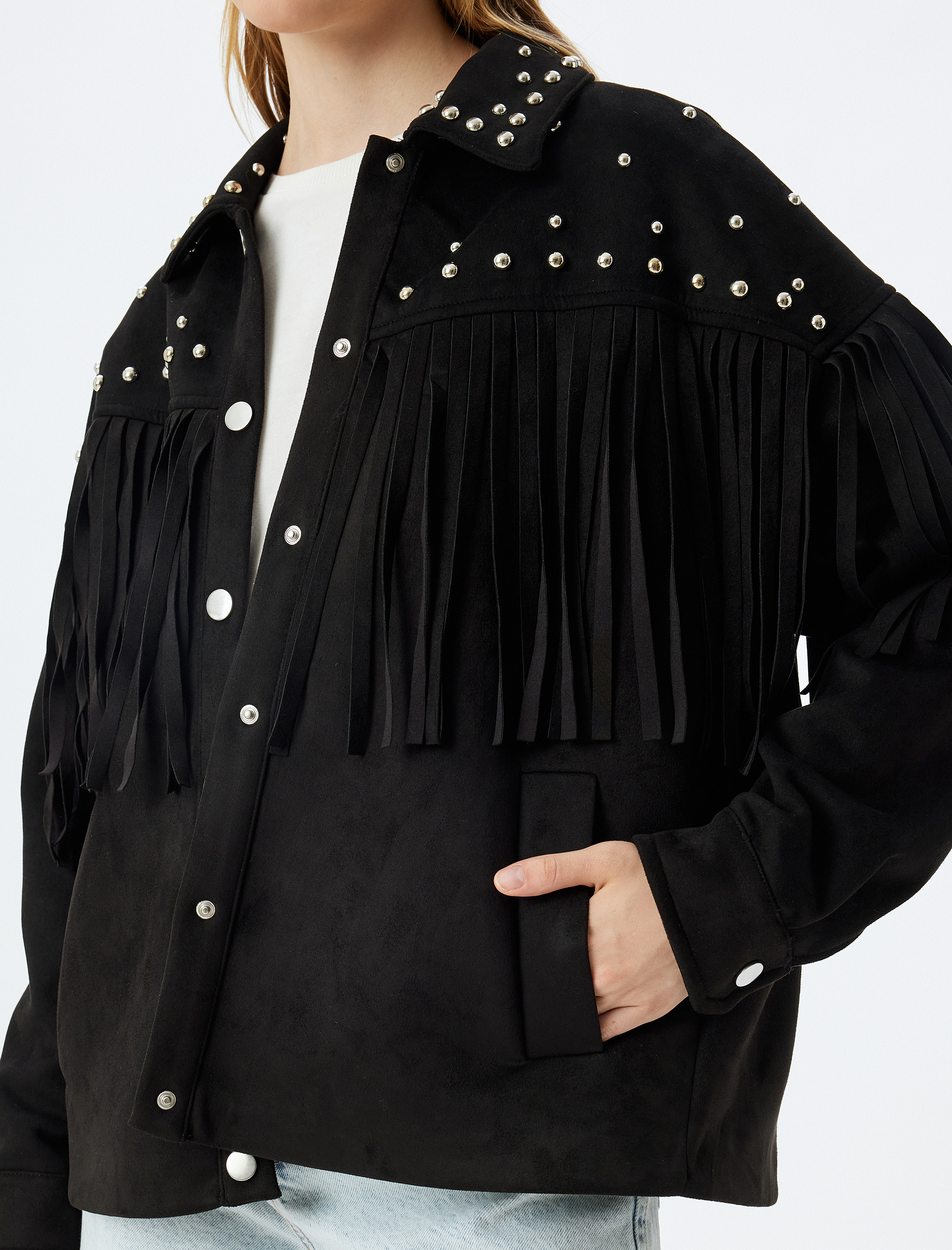 Süet Görünümlü Ceket Oversize Metal Aksesuarlı Püsküllü Çıtçıt Düğmeli Cepli