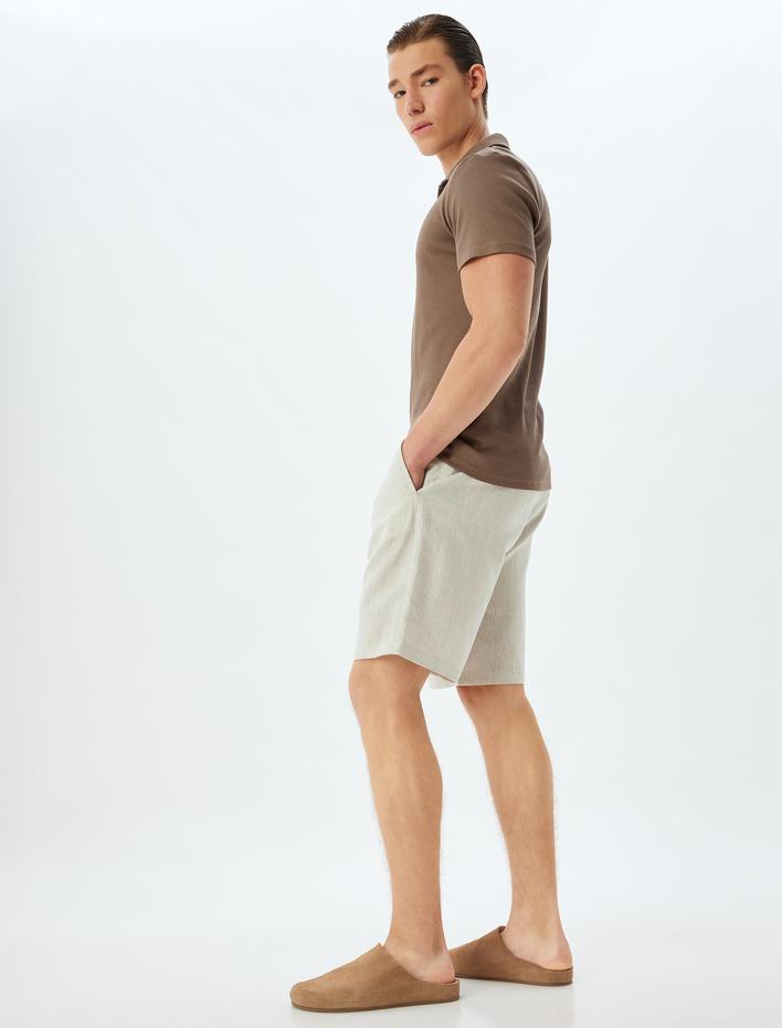  Keten Karışımlı Şort Skinny Chino Cep Detaylı Düğmeli