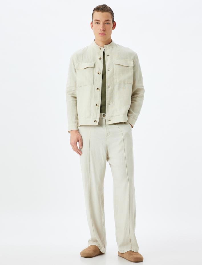  Keten Ceket Hakim Yaka Kapaklı Cep Detaylı Düğmeli