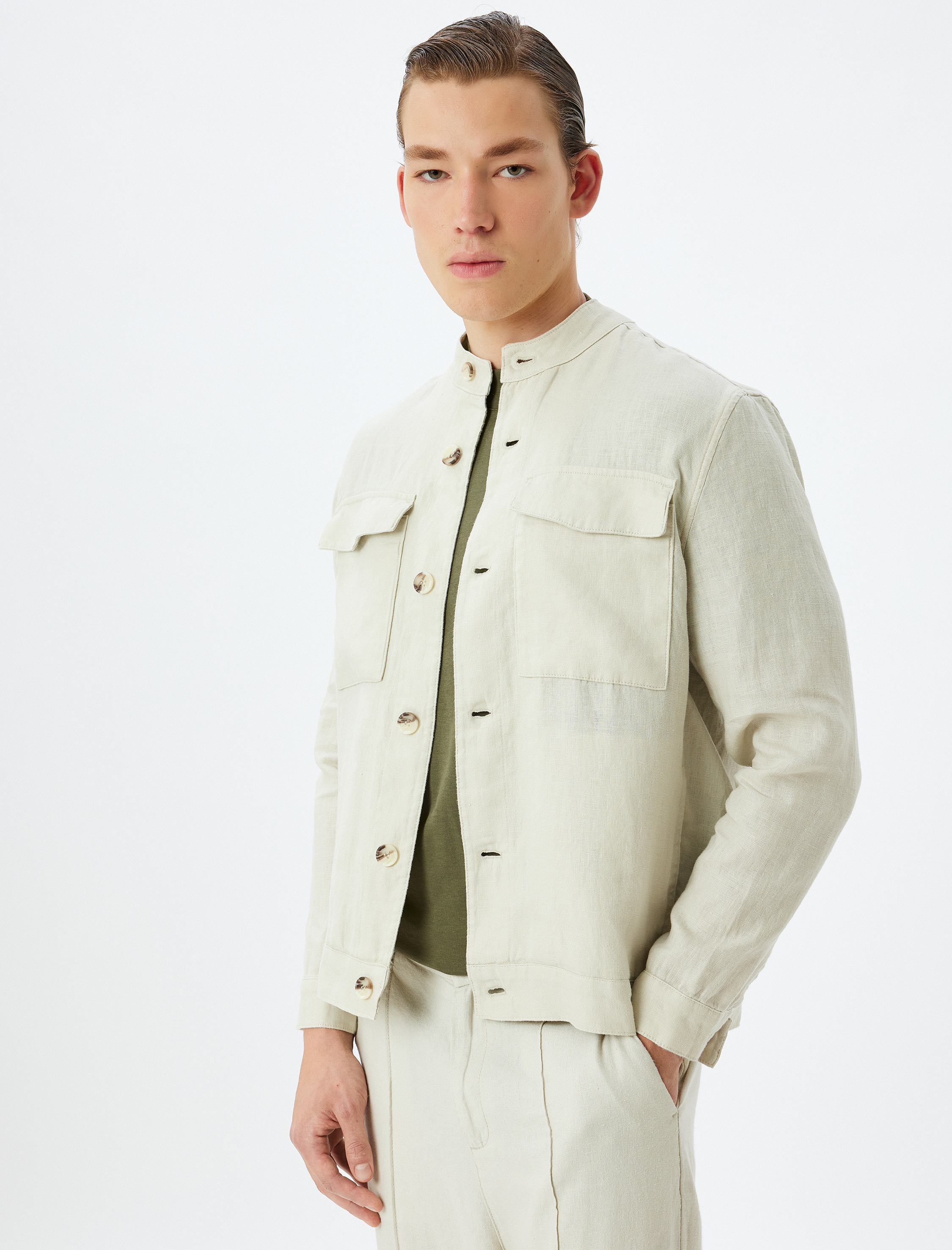   Keten Ceket Hakim Yaka Kapaklı Cep Detaylı Düğmeli