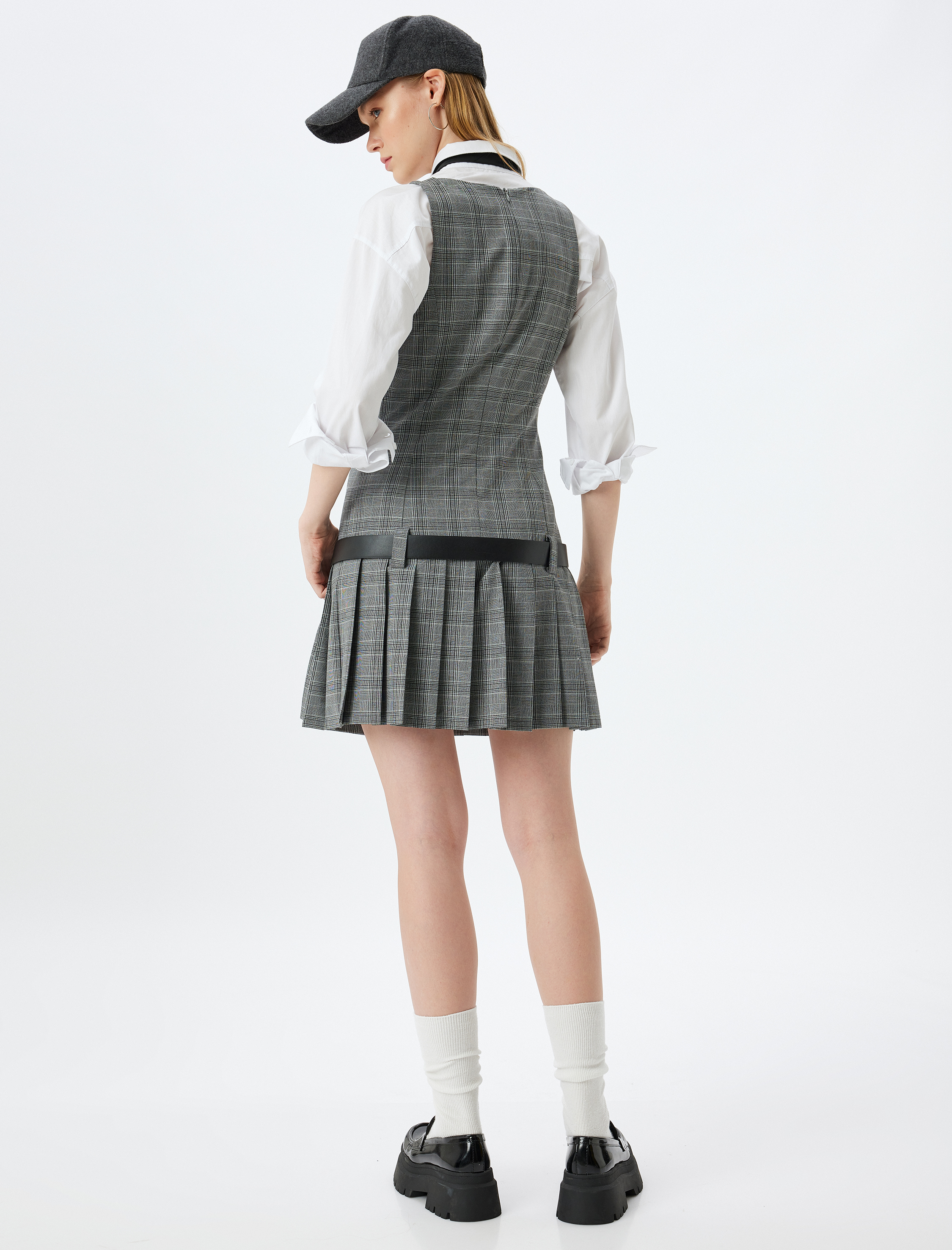   Mini Jile Elbise Pileli Kolsuz U Yaka Kemer Detaylı Slim Fit