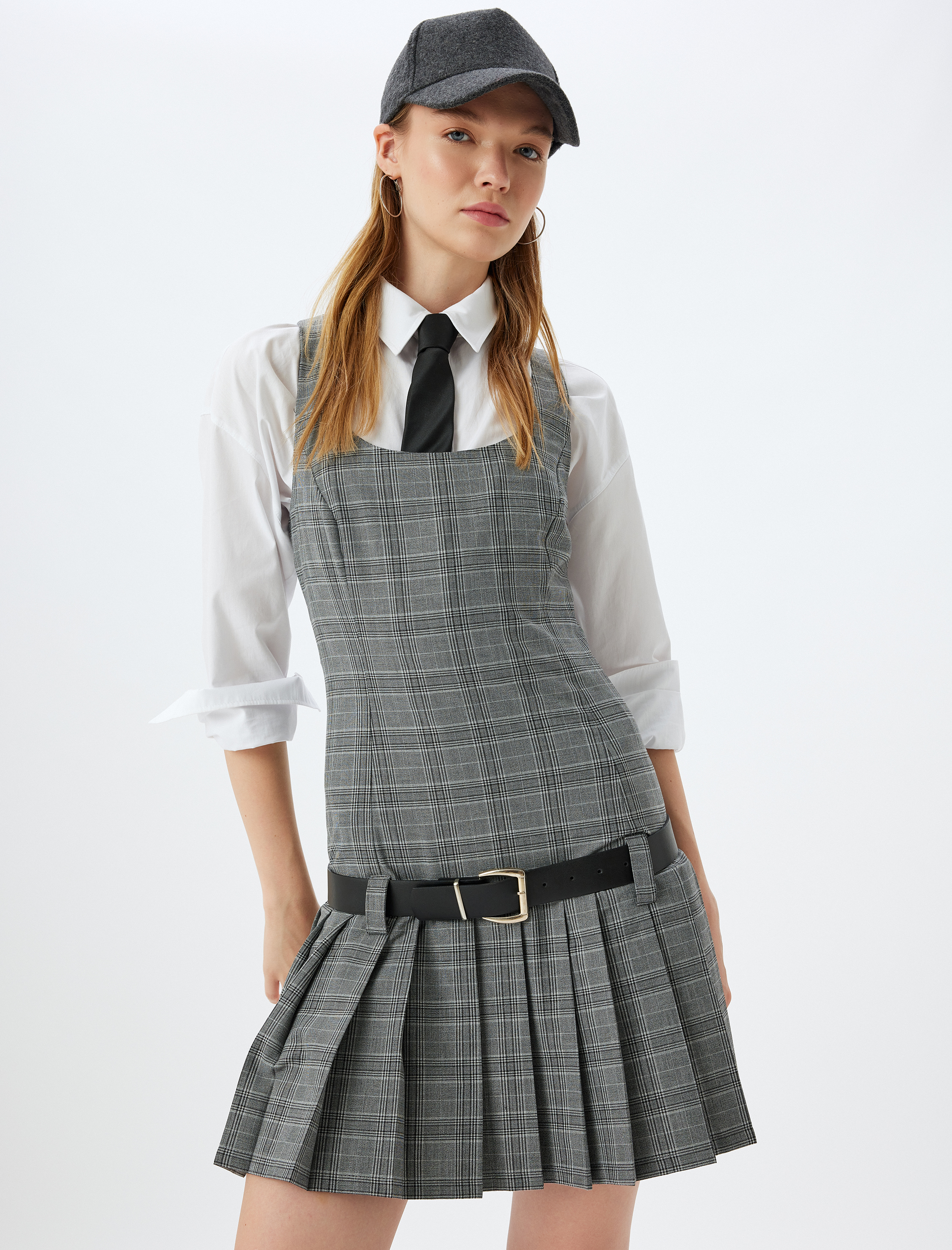   Mini Jile Elbise Pileli Kolsuz U Yaka Kemer Detaylı Slim Fit