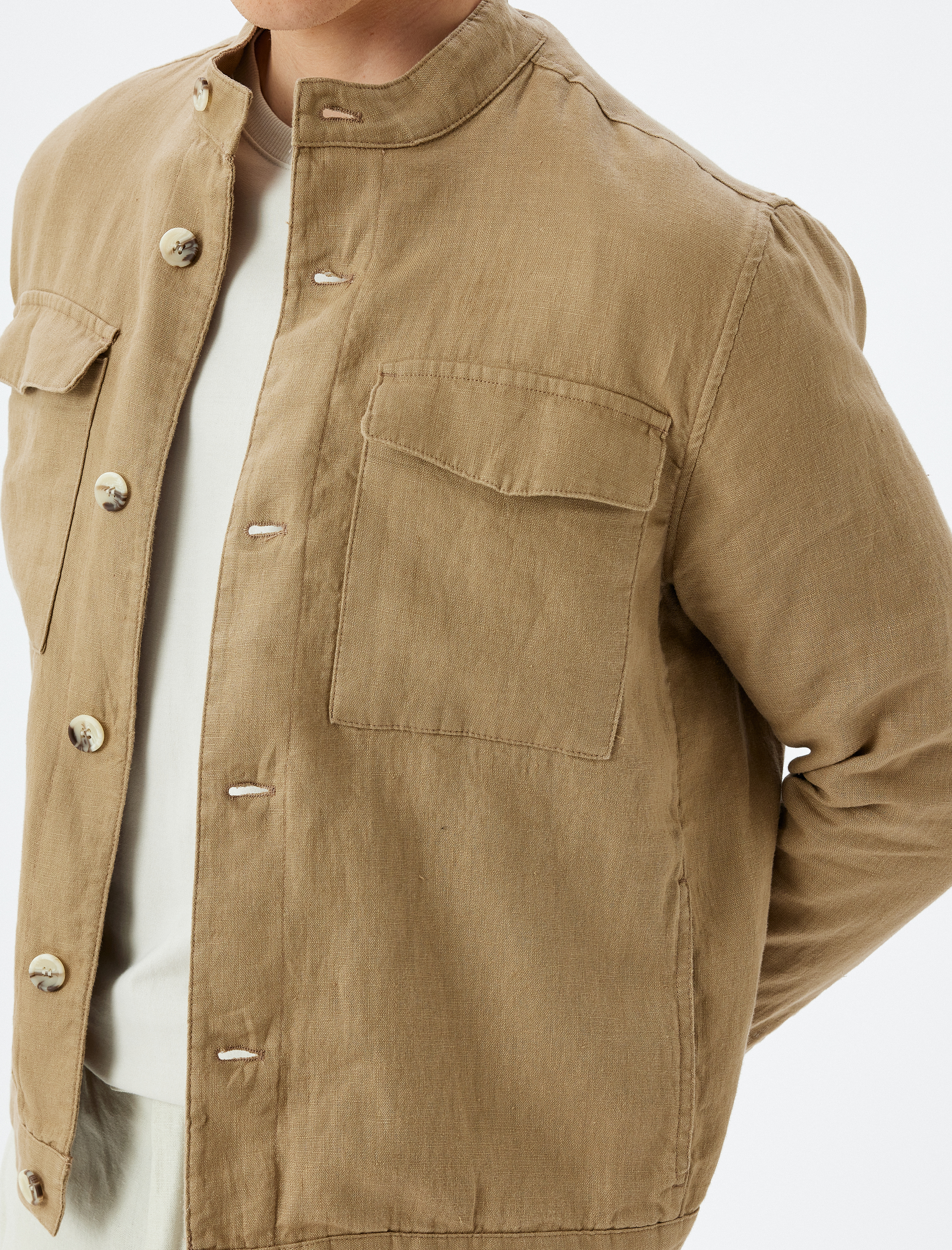   Keten Ceket Hakim Yaka Kapaklı Cep Detaylı Düğmeli