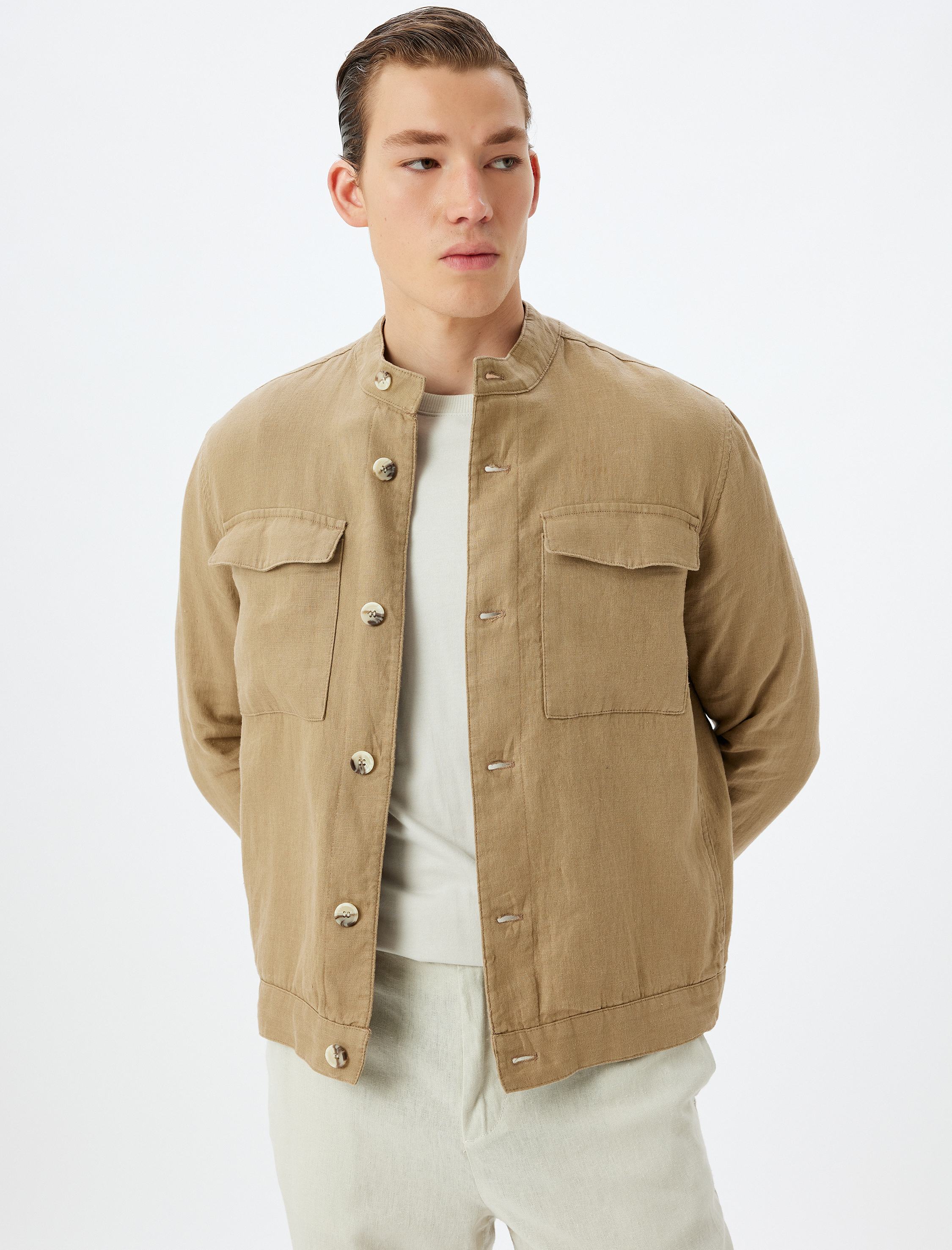   Keten Ceket Hakim Yaka Kapaklı Cep Detaylı Düğmeli