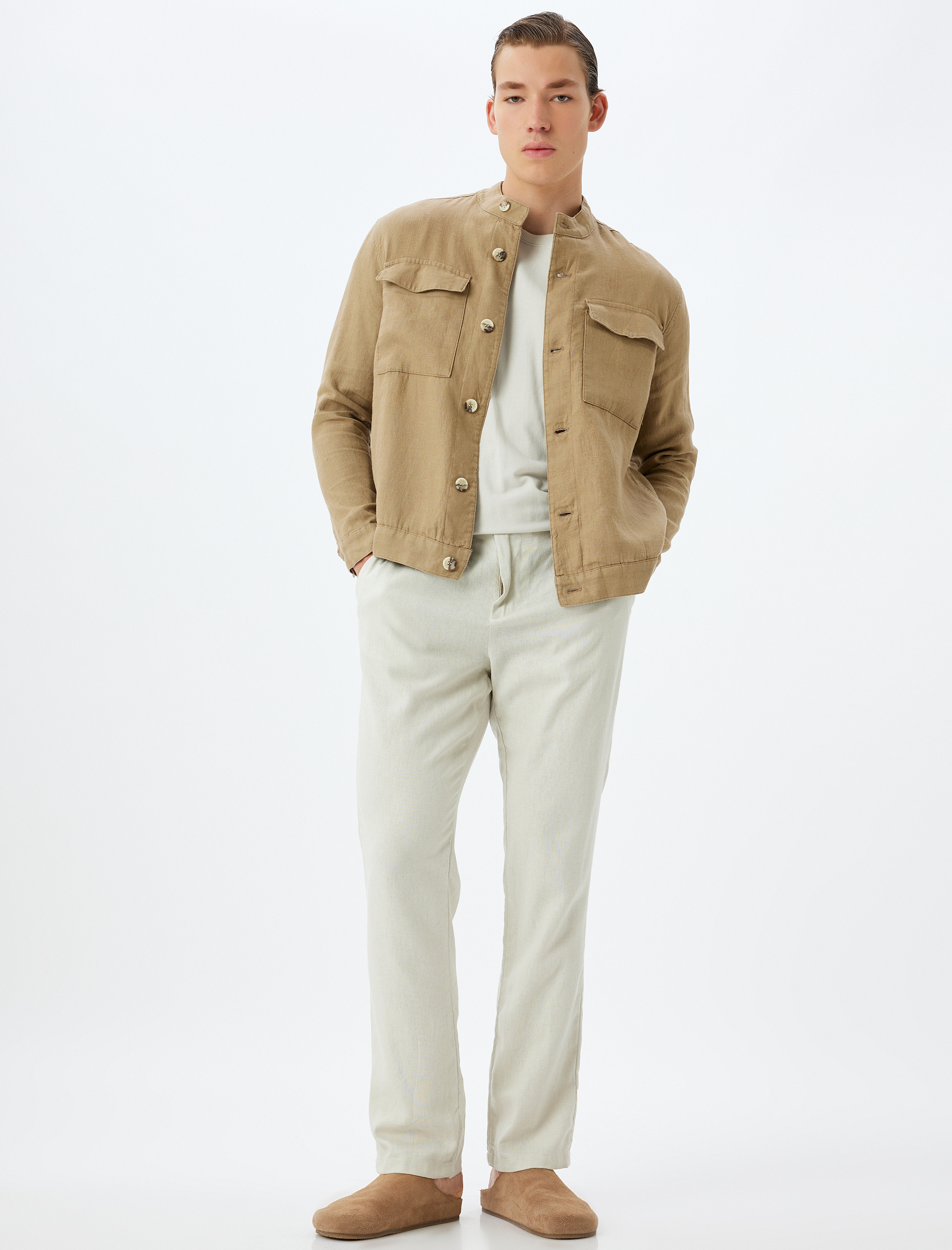   Keten Ceket Hakim Yaka Kapaklı Cep Detaylı Düğmeli