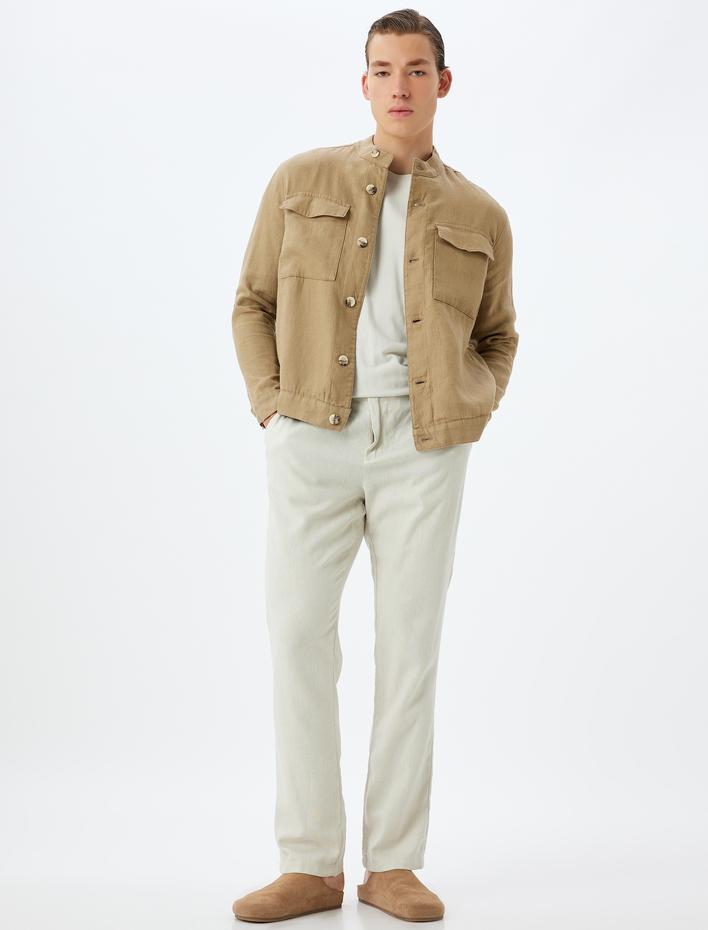  Keten Ceket Hakim Yaka Kapaklı Cep Detaylı Düğmeli