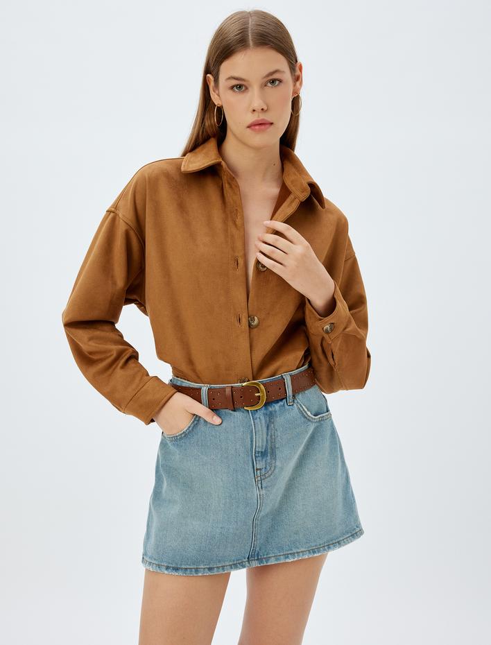  Uzun Kollu Düğmeli Suni Süet Gömlek Ceket