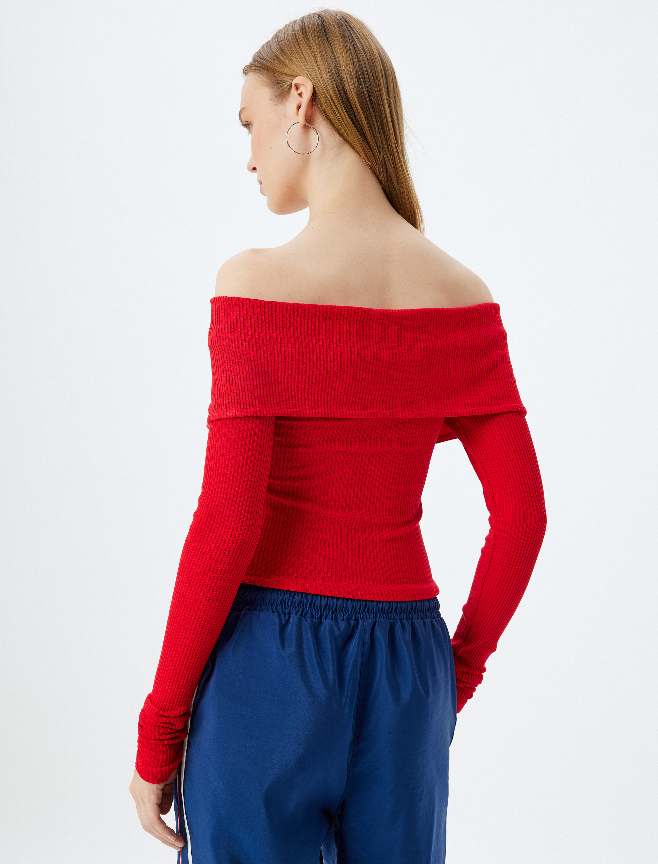   Crop Tişört Uzun Kollu Fermuarlı Omzu Açık Slim Fit