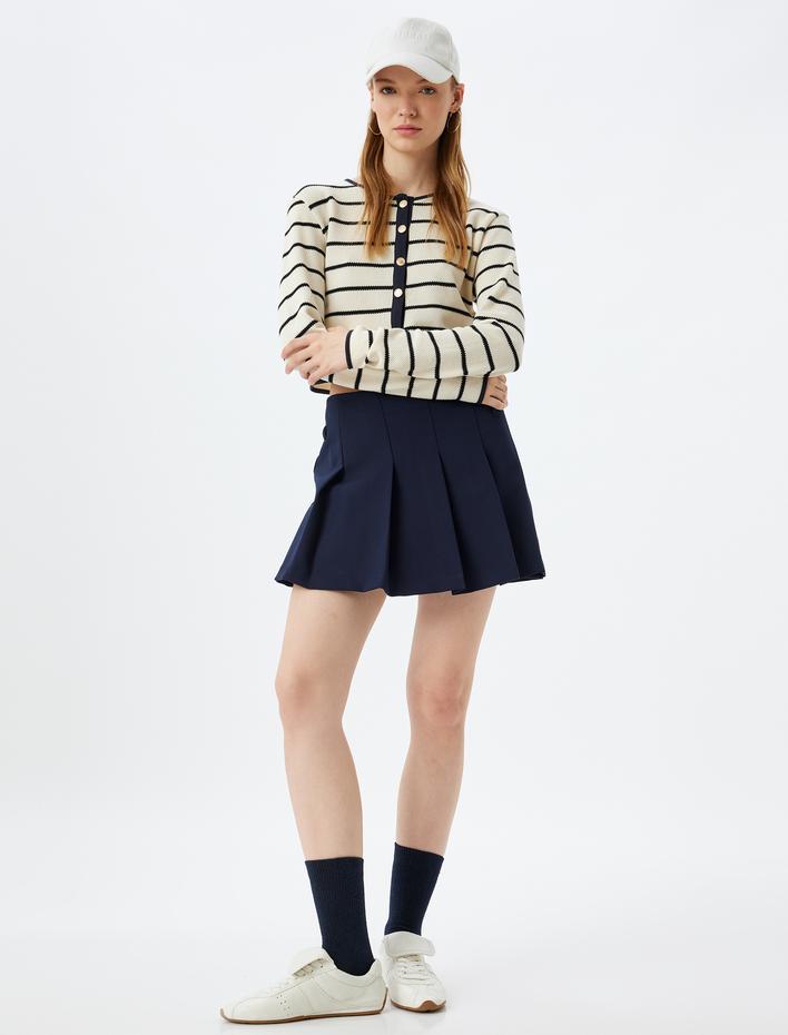  Crop Hırka Düğmeli Bisiklet Yaka Uzun Kollu Renk Bloklu