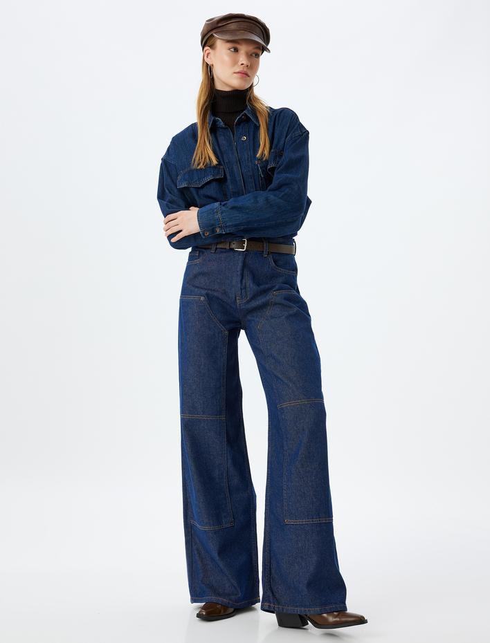  Geniş Paça Kot Pantolon Dikiş Detaylı Cepli Düğmeli Normal Bel - Wide Leg Jeans
