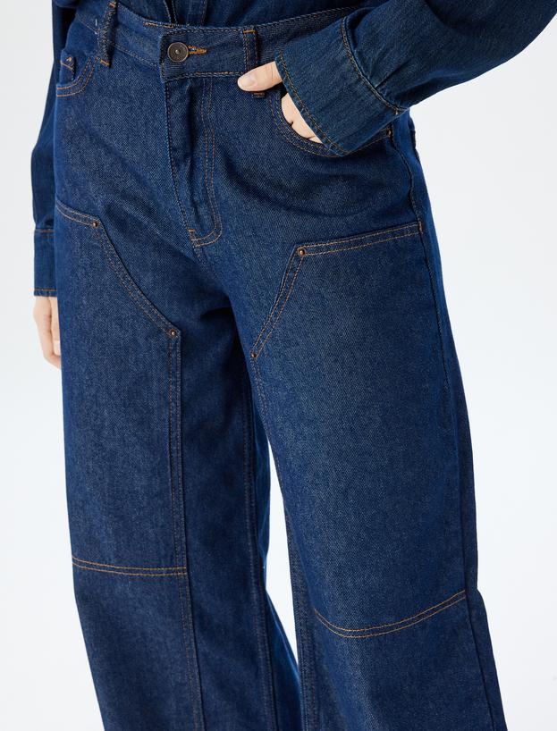 Geniş Paça Kot Pantolon Dikiş Detaylı Cepli Düğmeli Normal Bel - Wide Leg Jeans_4