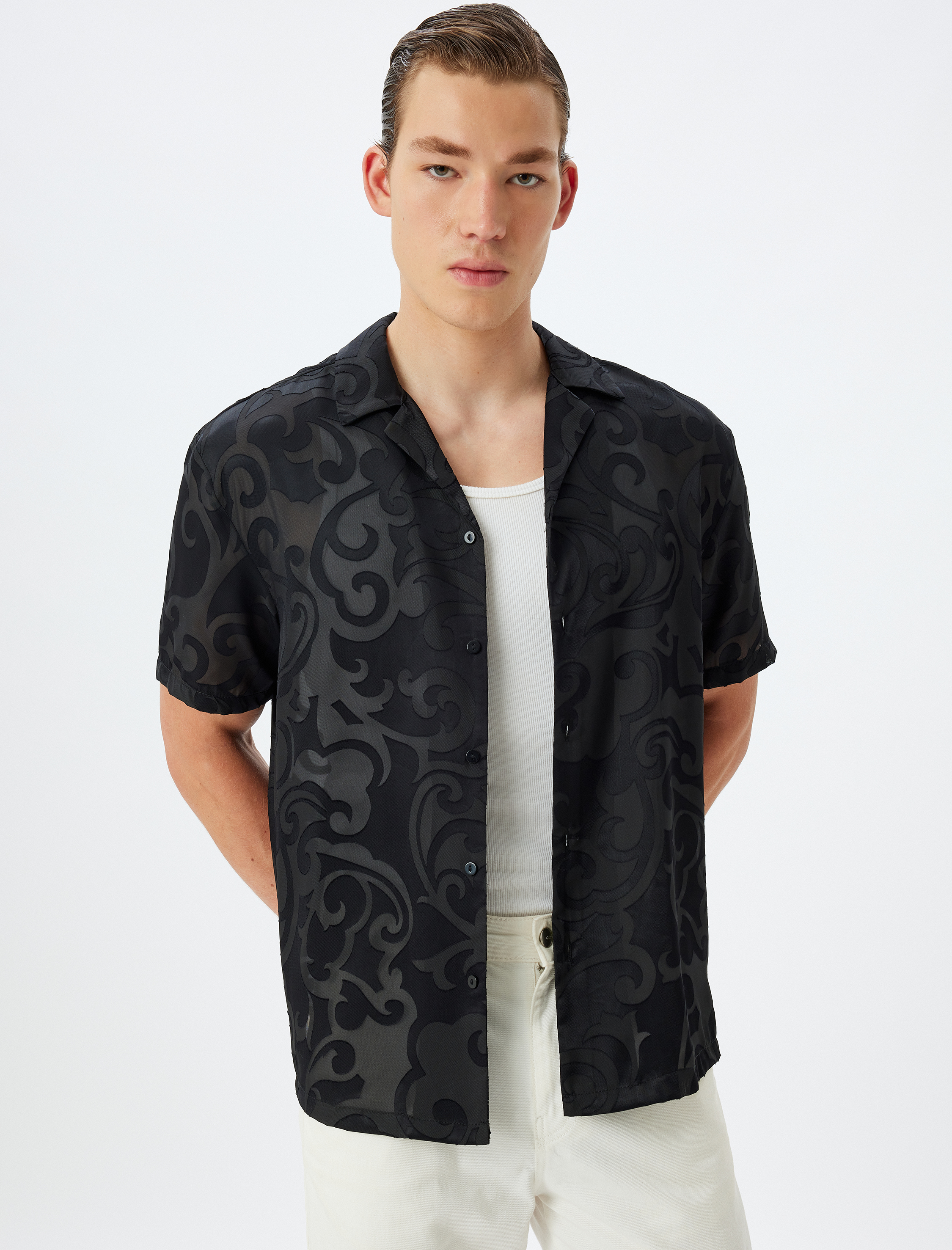   Yarı Transparan Gömlek Kısa Kollu Viskon Karışımlı Regular Fit