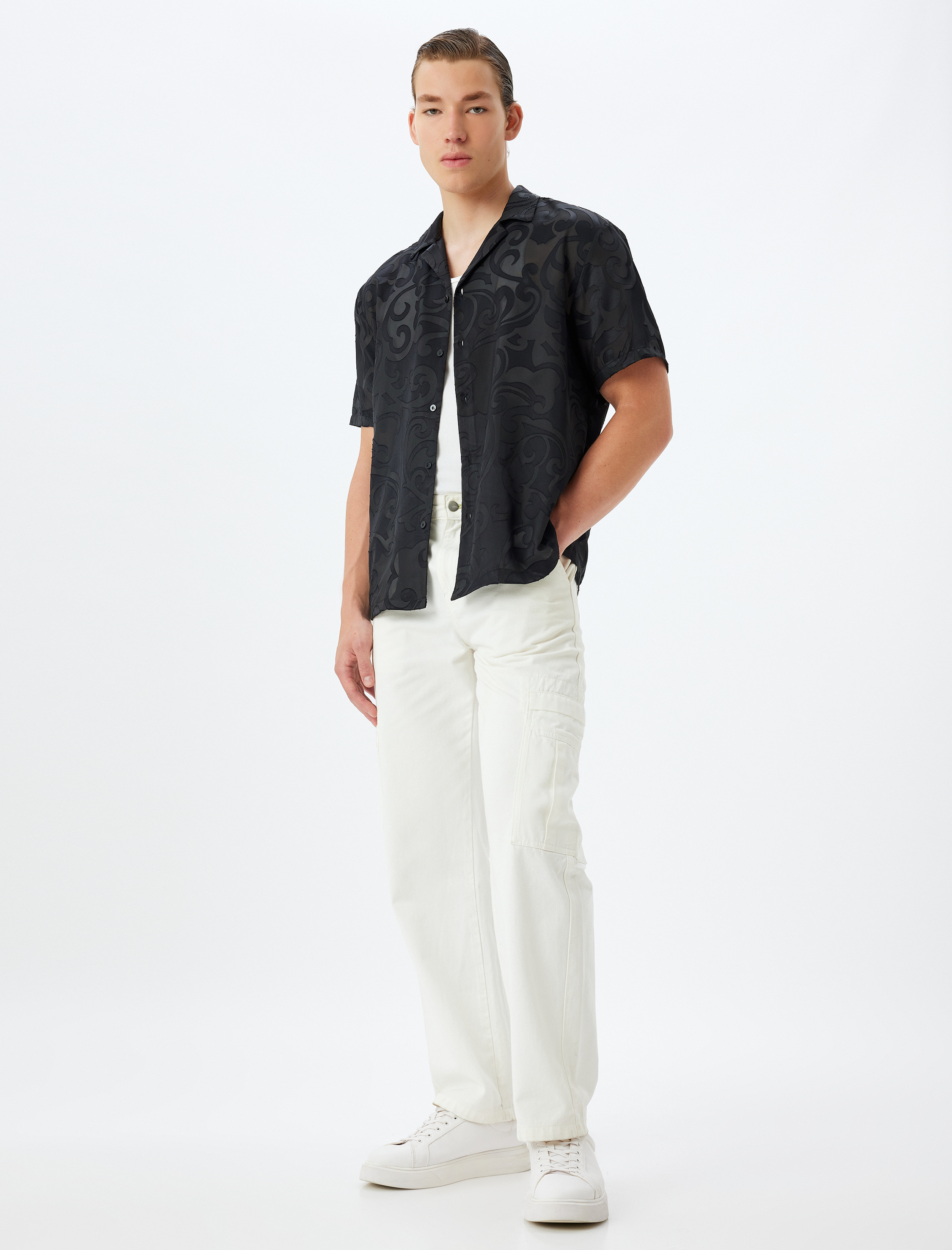   Yarı Transparan Gömlek Kısa Kollu Viskon Karışımlı Regular Fit