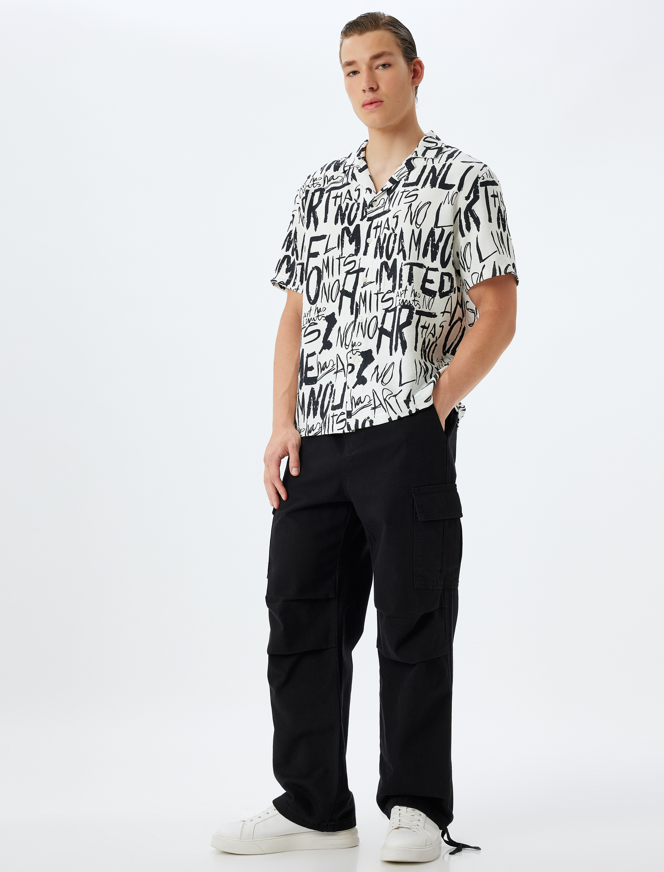   Slogan Baskılı Gömlek Kısa Kollu Viskon Regular Fit