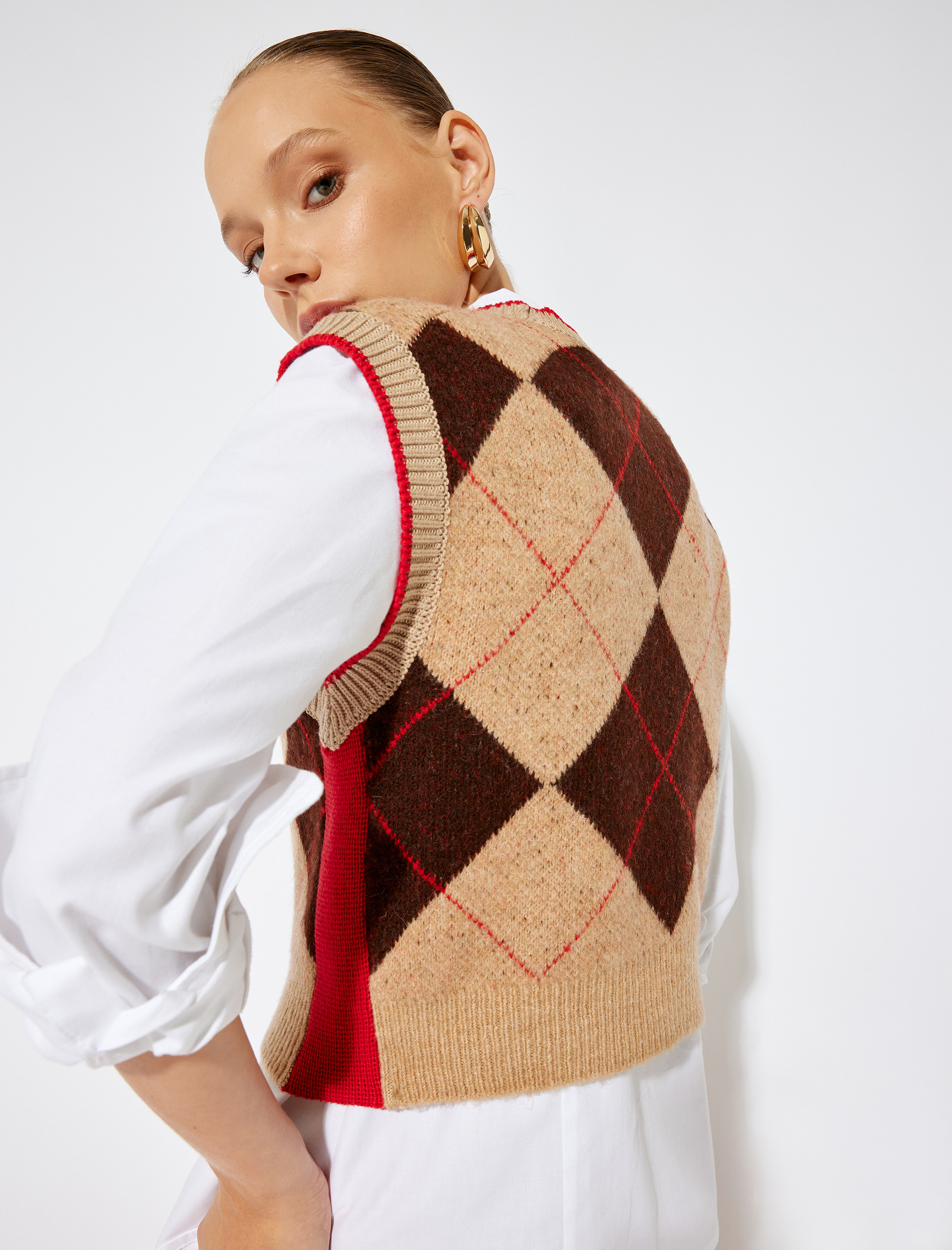   Baklava Desenli Triko Süveter Yuvarlak Yaka Renk Bloklu