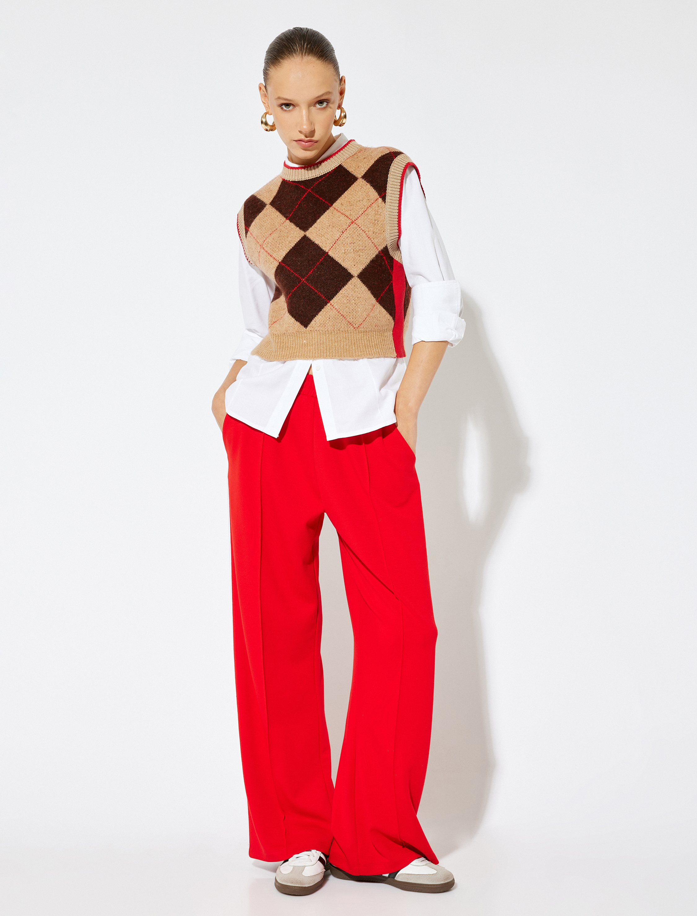   Baklava Desenli Triko Süveter Yuvarlak Yaka Renk Bloklu