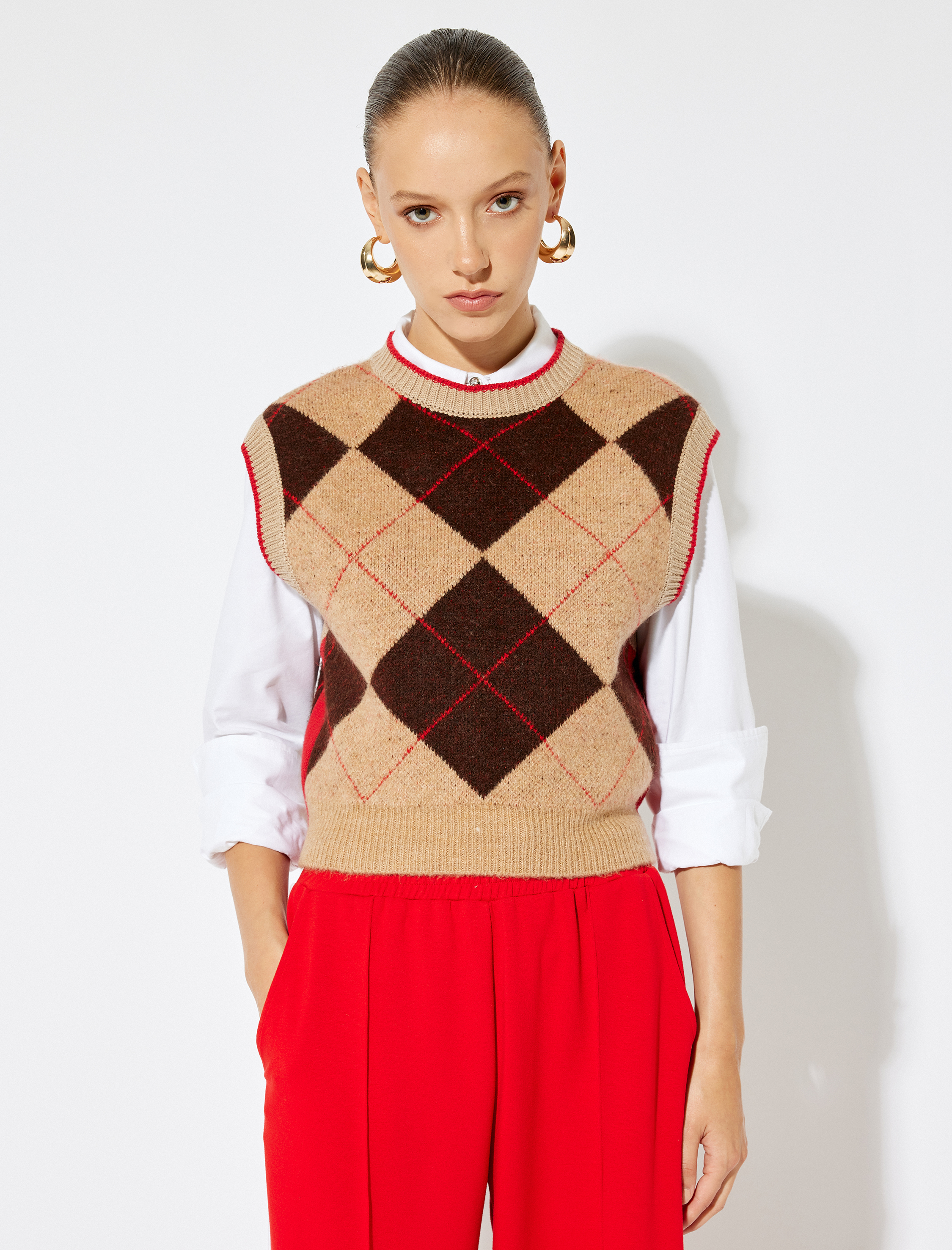   Baklava Desenli Triko Süveter Yuvarlak Yaka Renk Bloklu