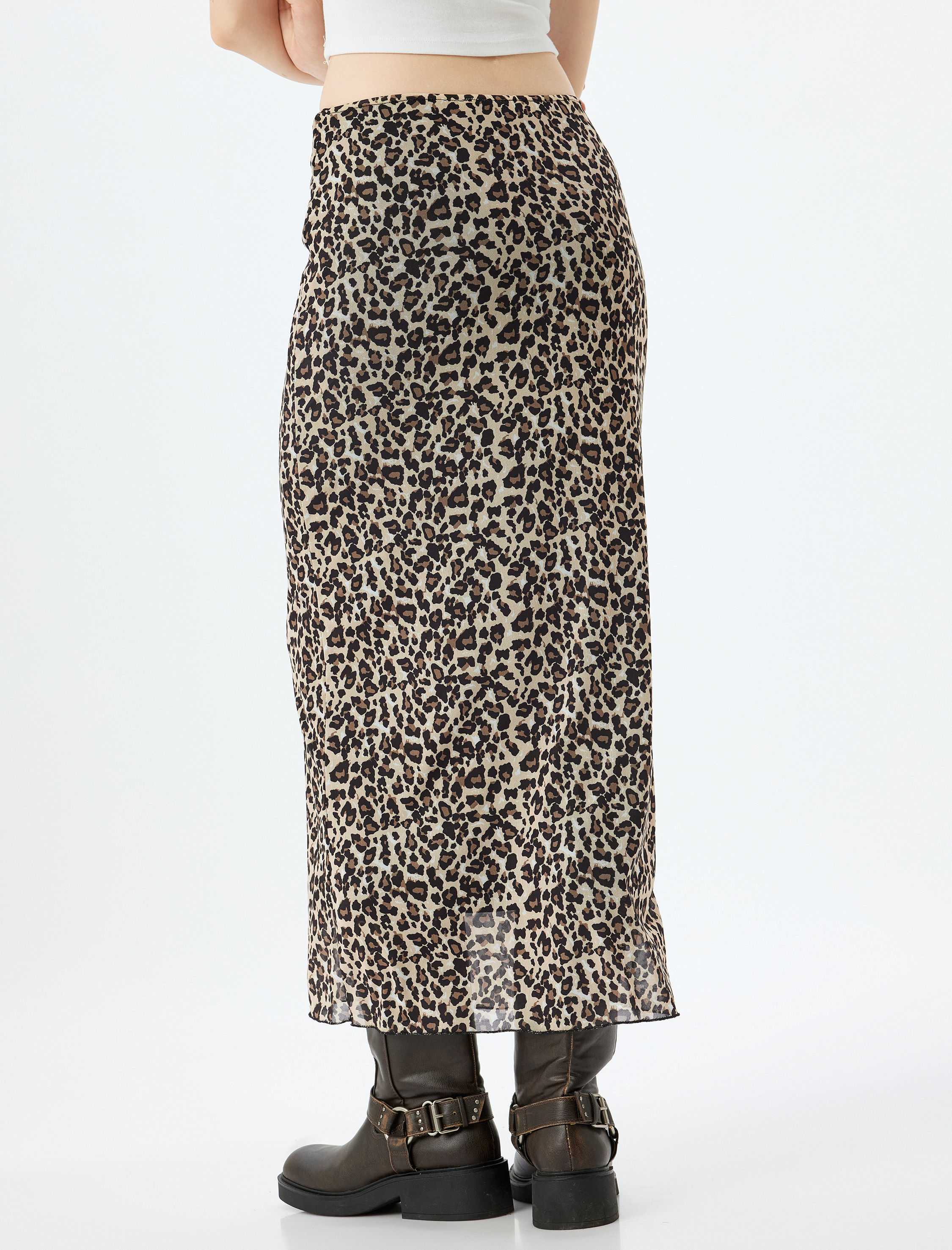   Leopar Kalem Etek Tül Midi Boy Beli Lastikli