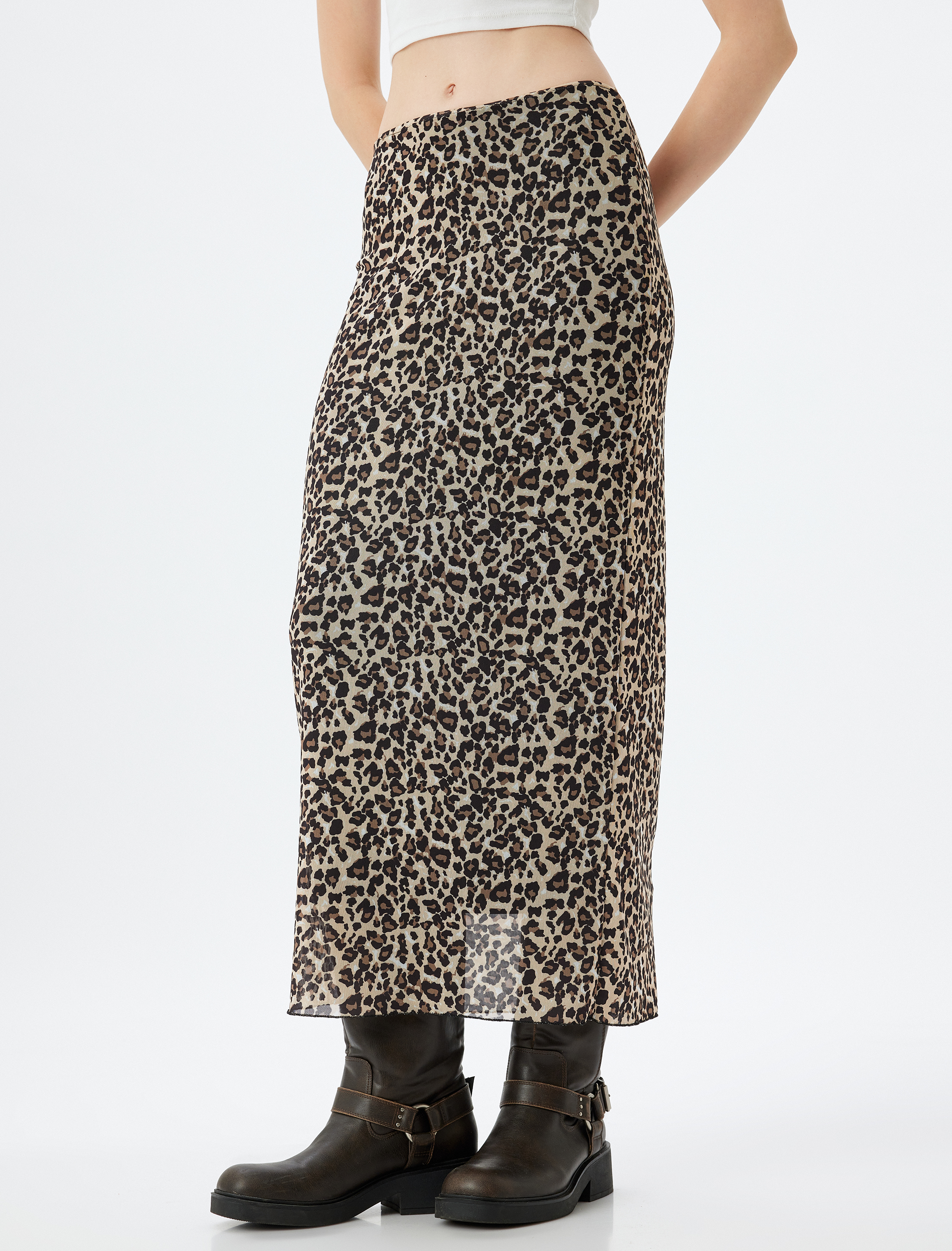   Leopar Kalem Etek Tül Midi Boy Beli Lastikli