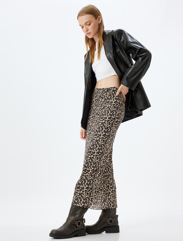  Leopar Kalem Etek Tül Midi Boy Beli Lastikli