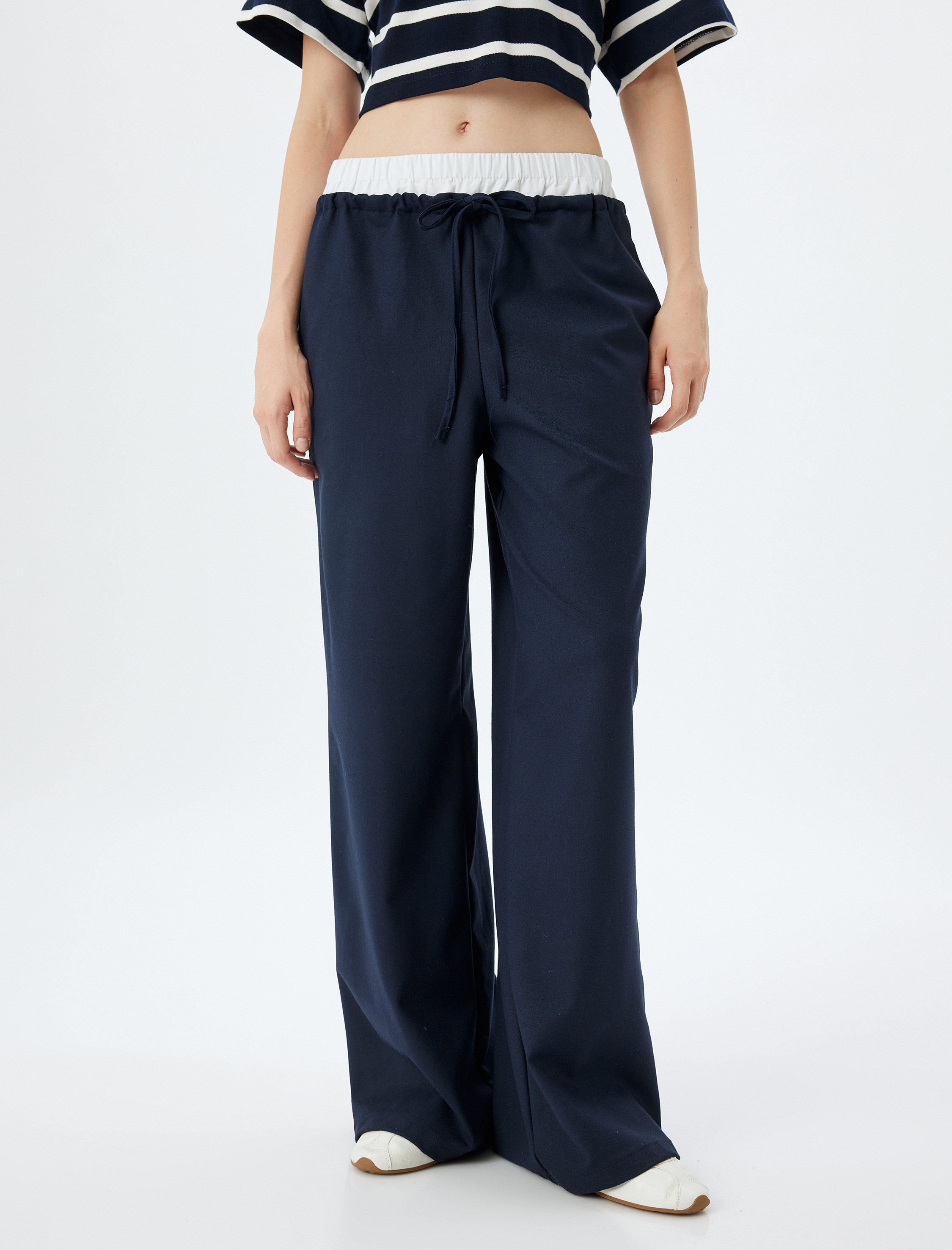   Bol Paça Pantolon Bağcıklı Çift Bel Detaylı Cepli