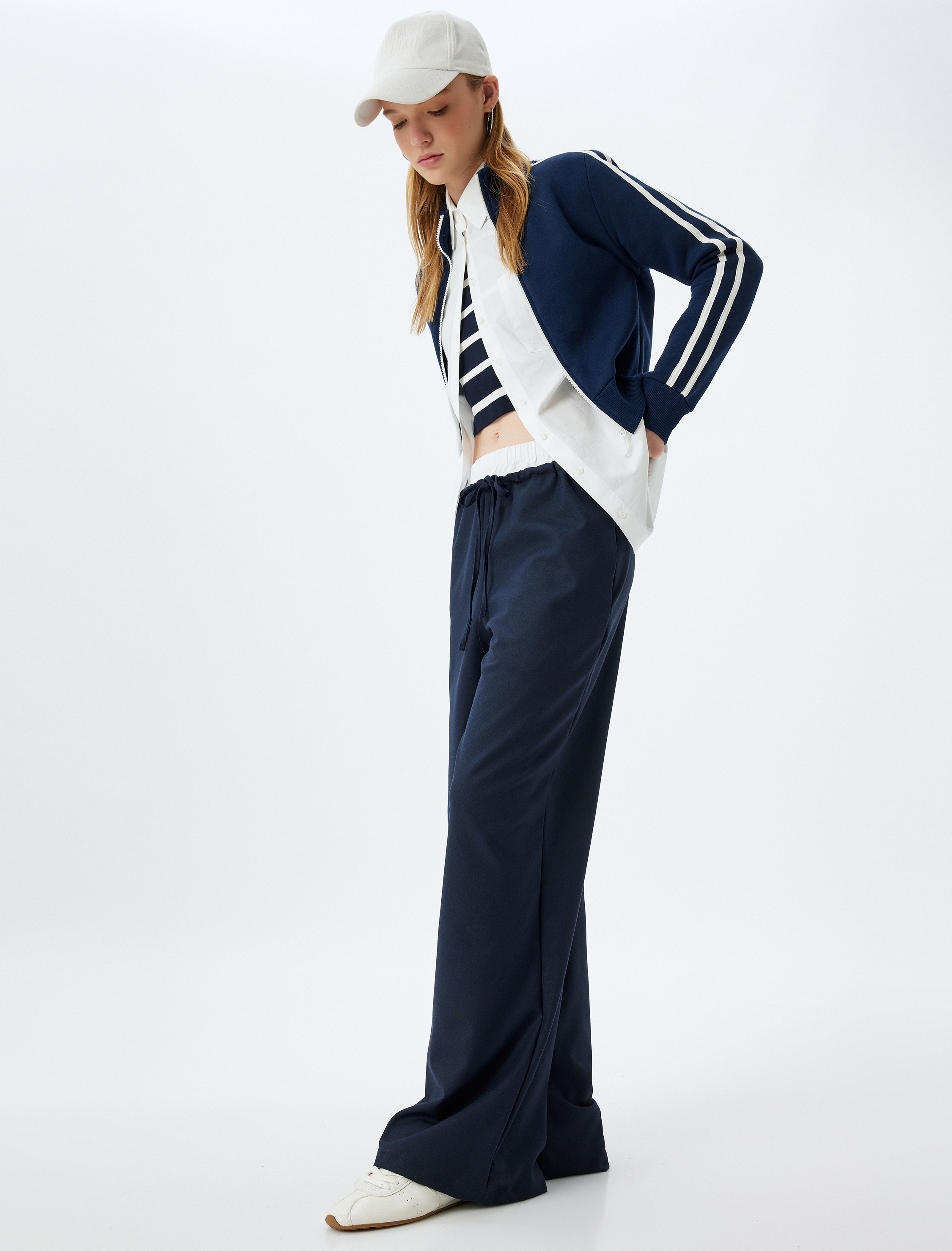   Bol Paça Pantolon Bağcıklı Çift Bel Detaylı Cepli