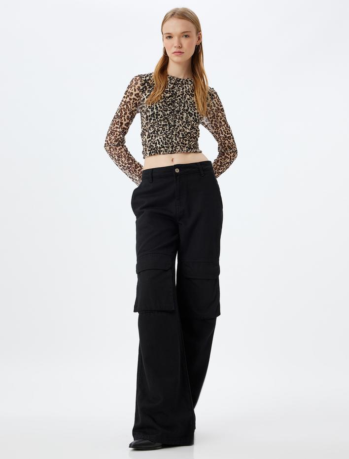  Leopar Tül Bluz Crop Uzun Kollu Bisiklet Yaka Büzgülü