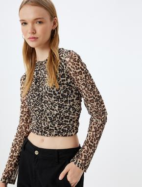 Leopar Tül Bluz Crop Uzun Kollu Bisiklet Yaka Büzgülü