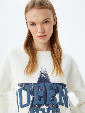 Oversize Sweatshirt Bisiklet Yaka Kolej İşlemeli Şardonlu