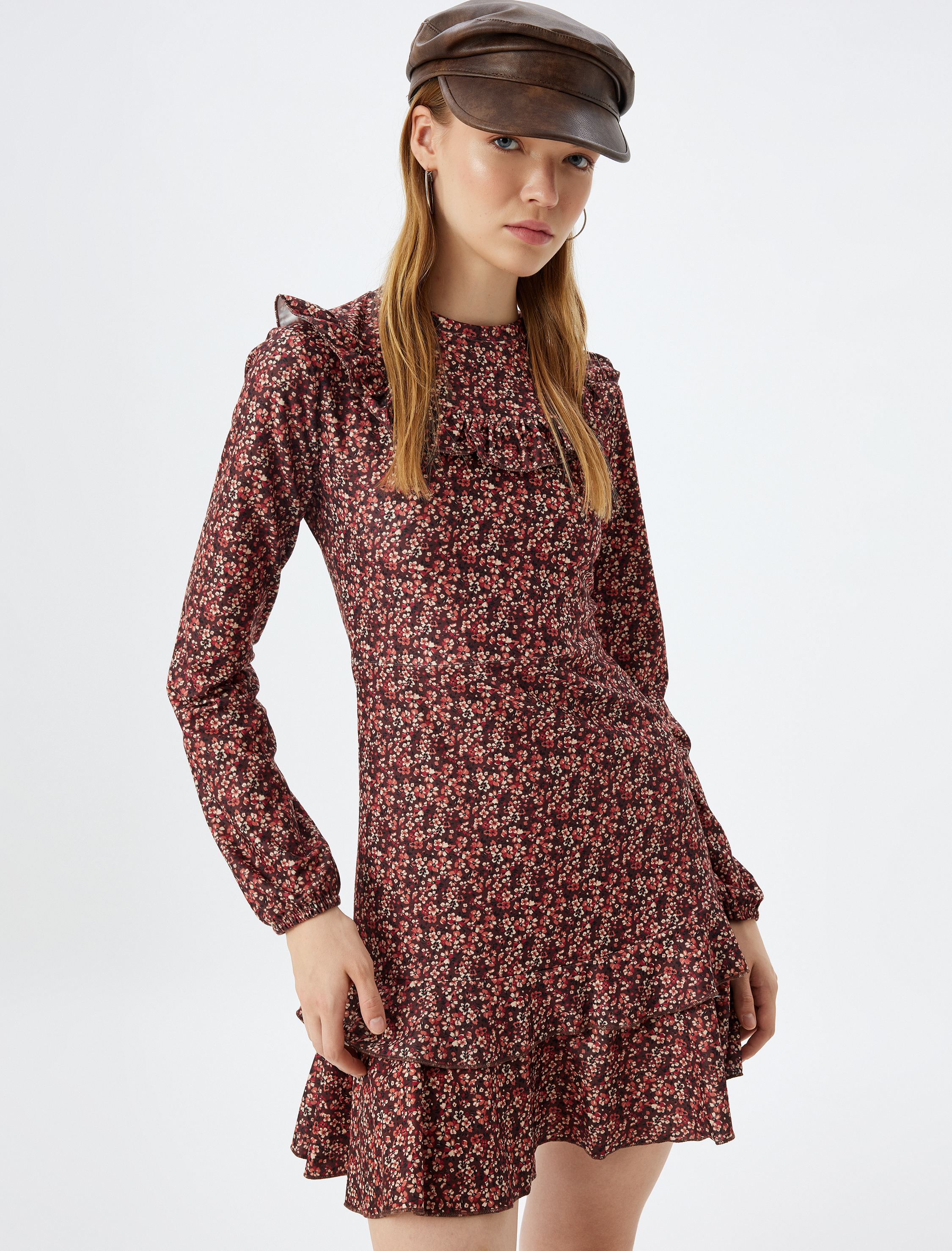 Mini Çiçekli Elbise Uzun Kollu Fırfırlı Katlı Volanlı Dik Yaka Slim Fit