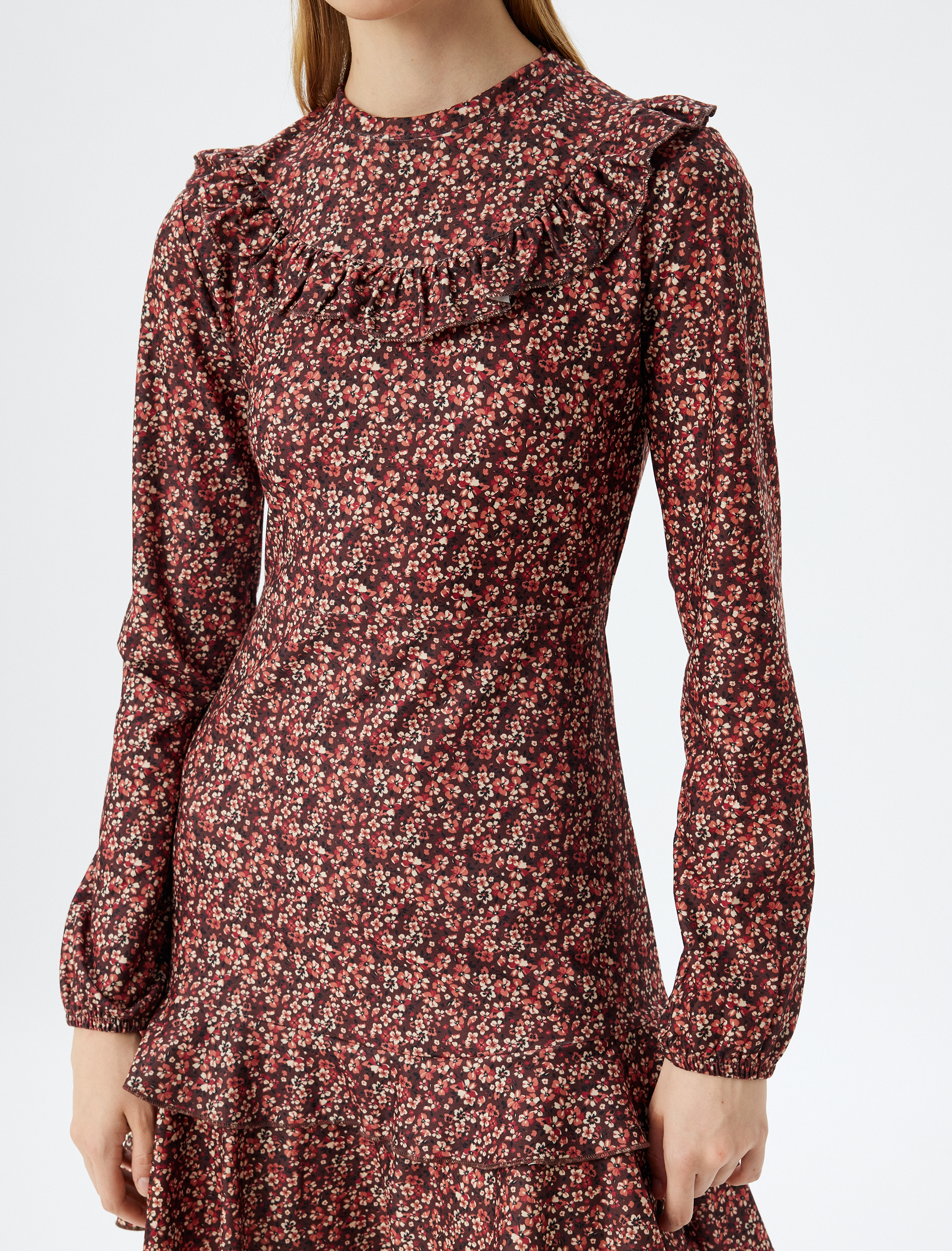 Mini Çiçekli Elbise Uzun Kollu Fırfırlı Katlı Volanlı Dik Yaka Slim Fit