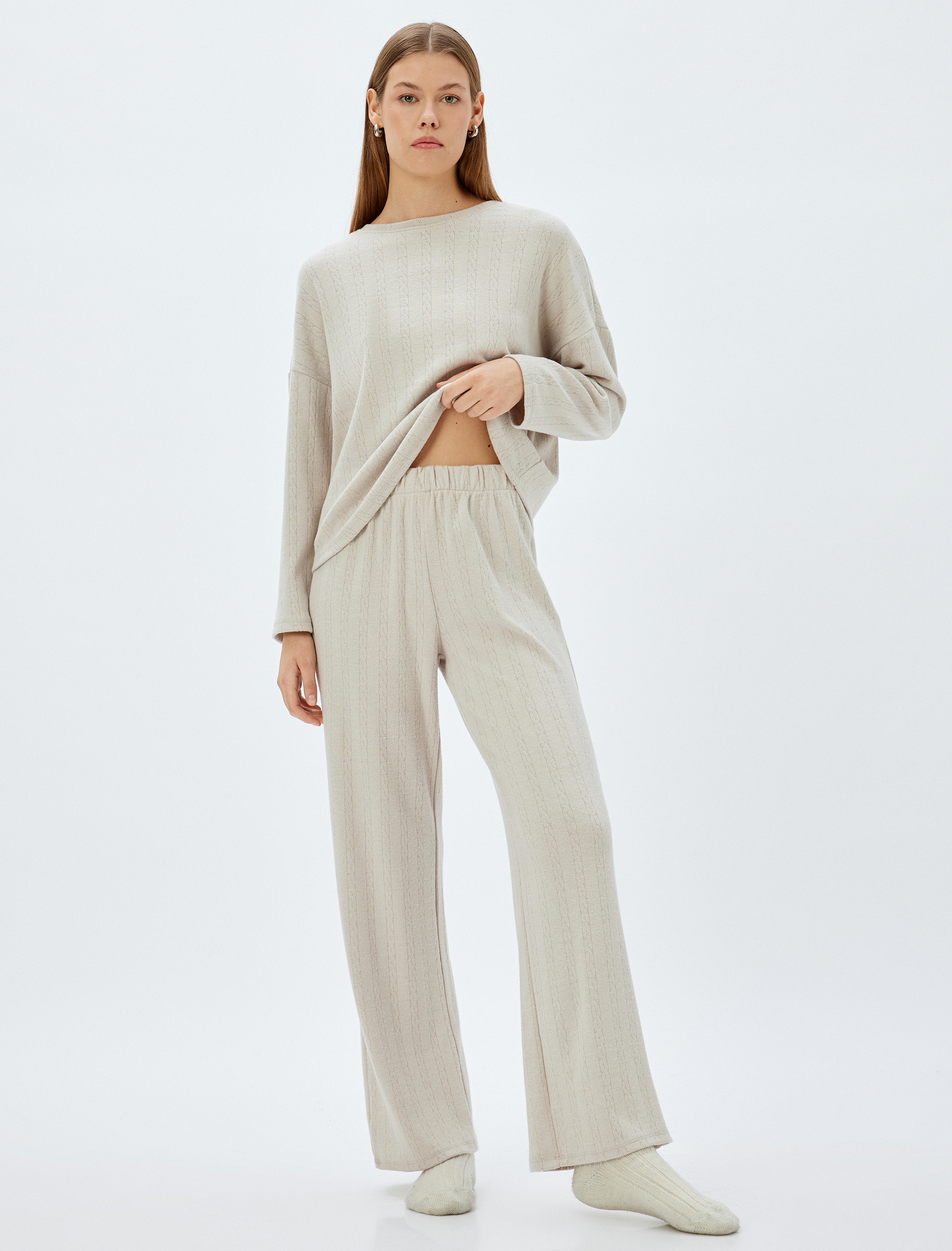   Örme Bol Paça Pijama Altı Saç Örgü Dokulu Rahat Kalıp